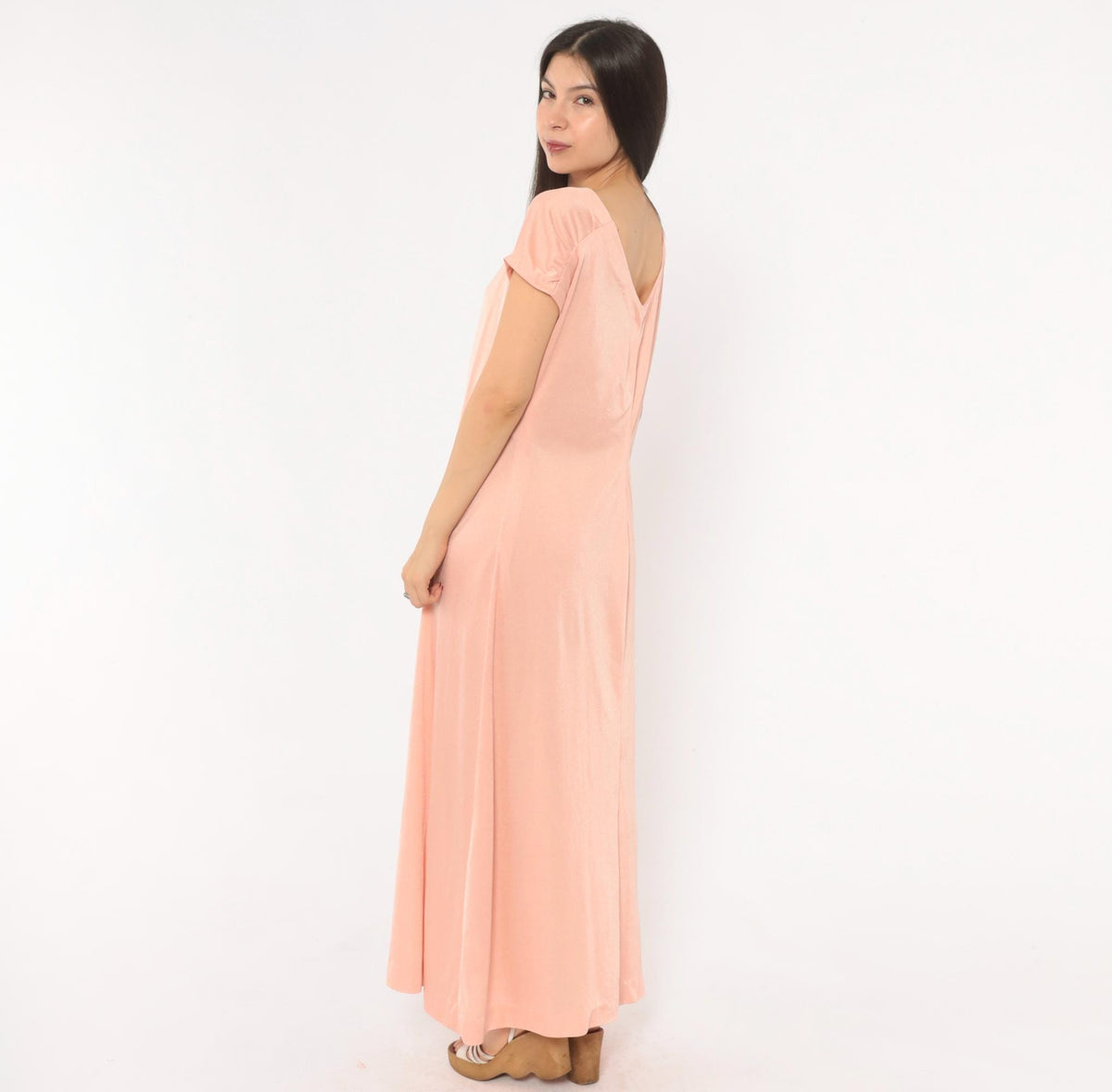 70s Blush Pink Maxi Dress Cap Sleeve Scoop Neck A-Line Large