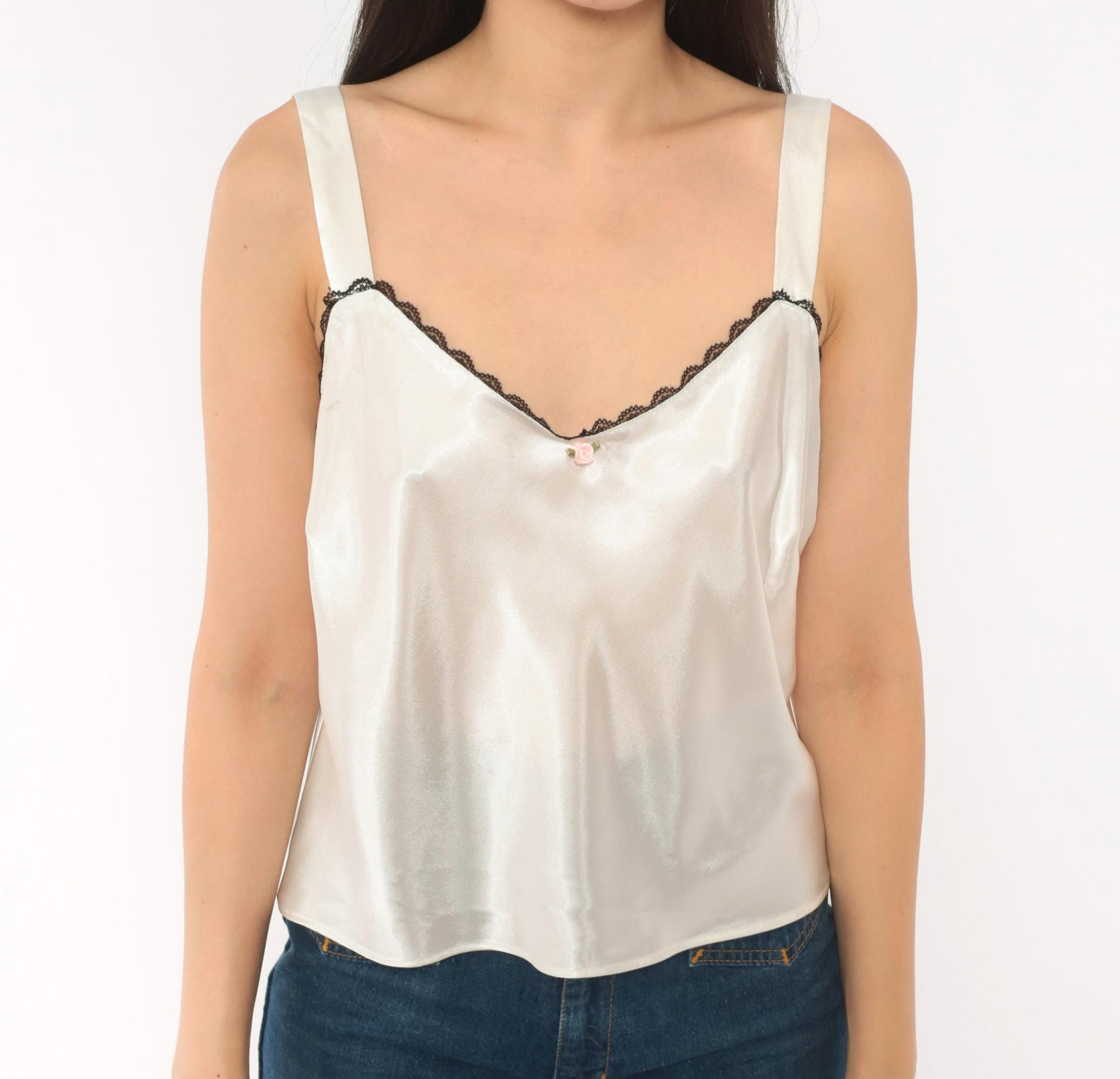 90s Studio I White Satin Cami V-Neck Black Lace Trim Pink Rose Large