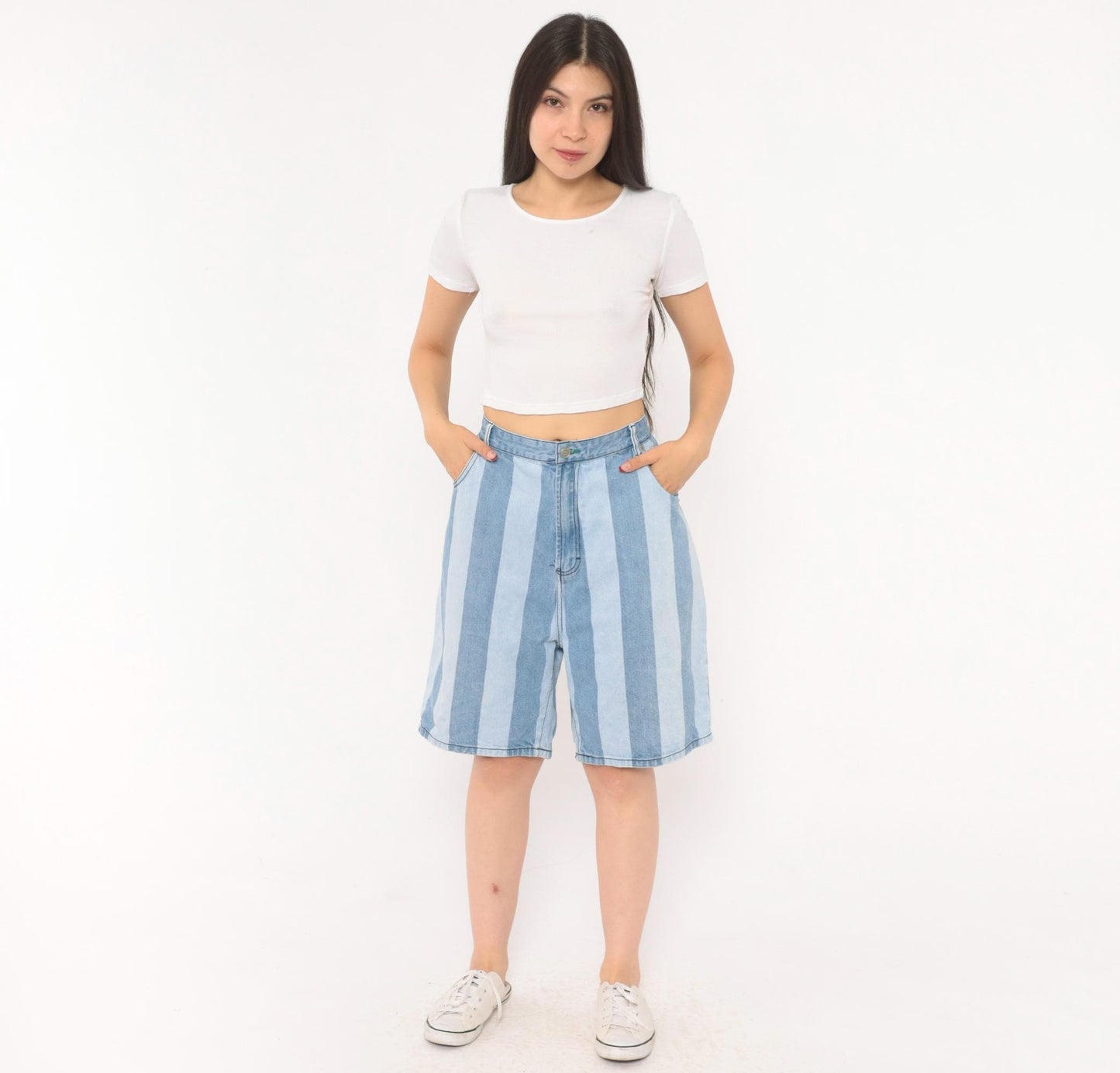 00s Tommy Hilfiger Striped Denim Bermuda Shorts Light Blue High Rise Large L