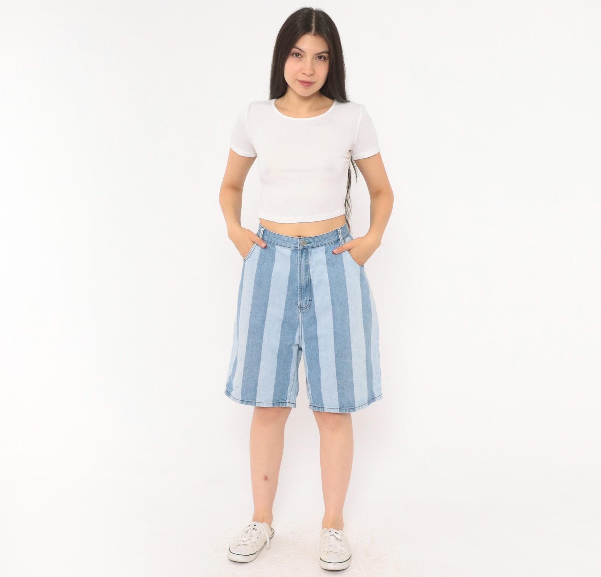 00s Tommy Hilfiger Striped Denim Bermuda Shorts Light Blue High Rise Large L