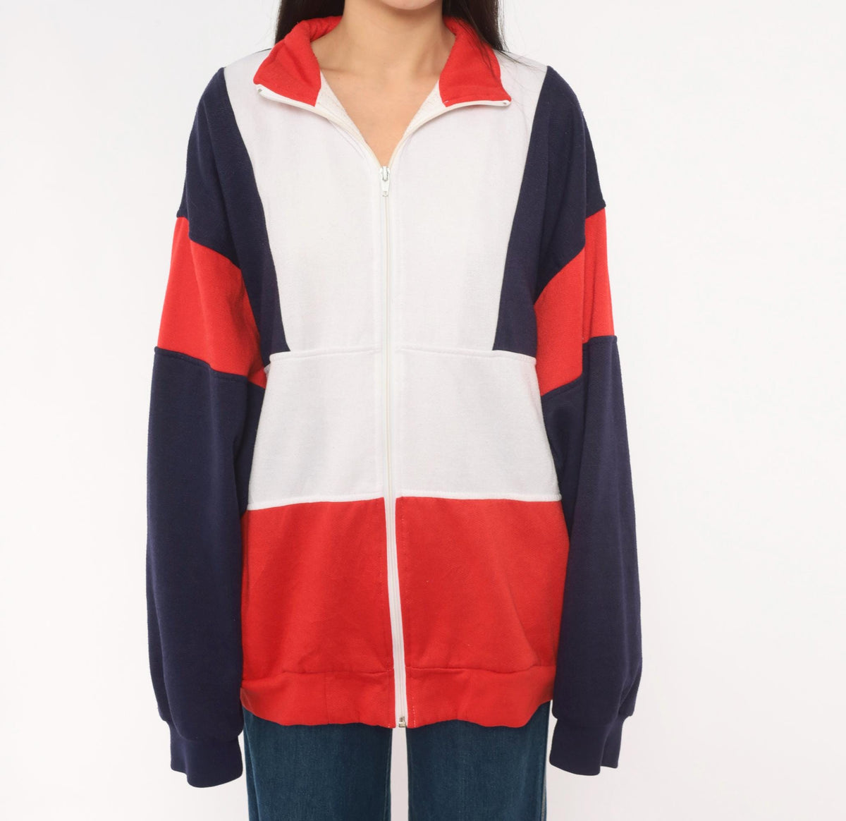 80s Active Wear Color Block Zip Jacket Navy Red White Striped Men's Large
