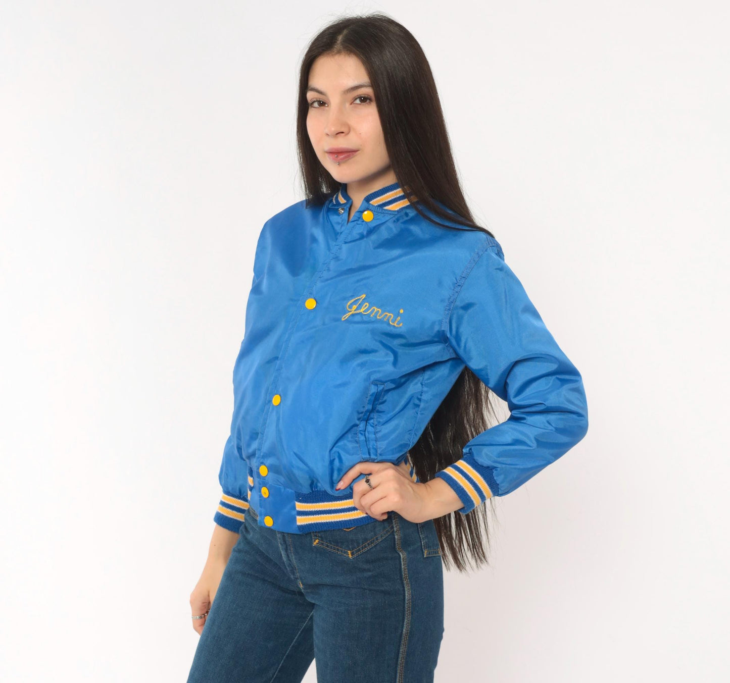 80s West Wind Royal Blue Satin Bomber Jacket Hastings Embroidered Gold Lined XS