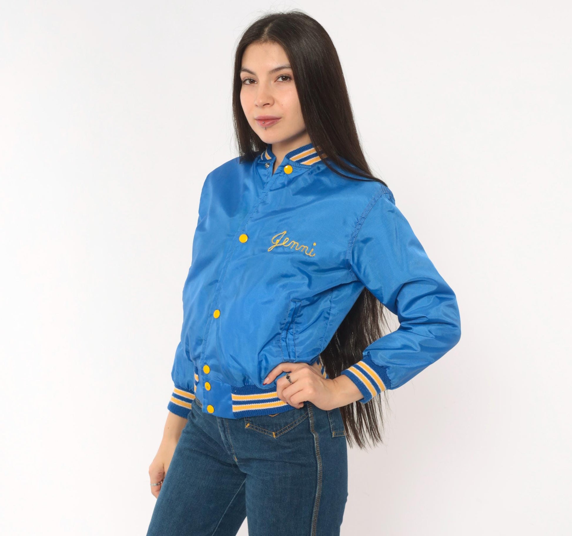 80s West Wind Royal Blue Satin Bomber Jacket Hastings Embroidered Gold Lined XS