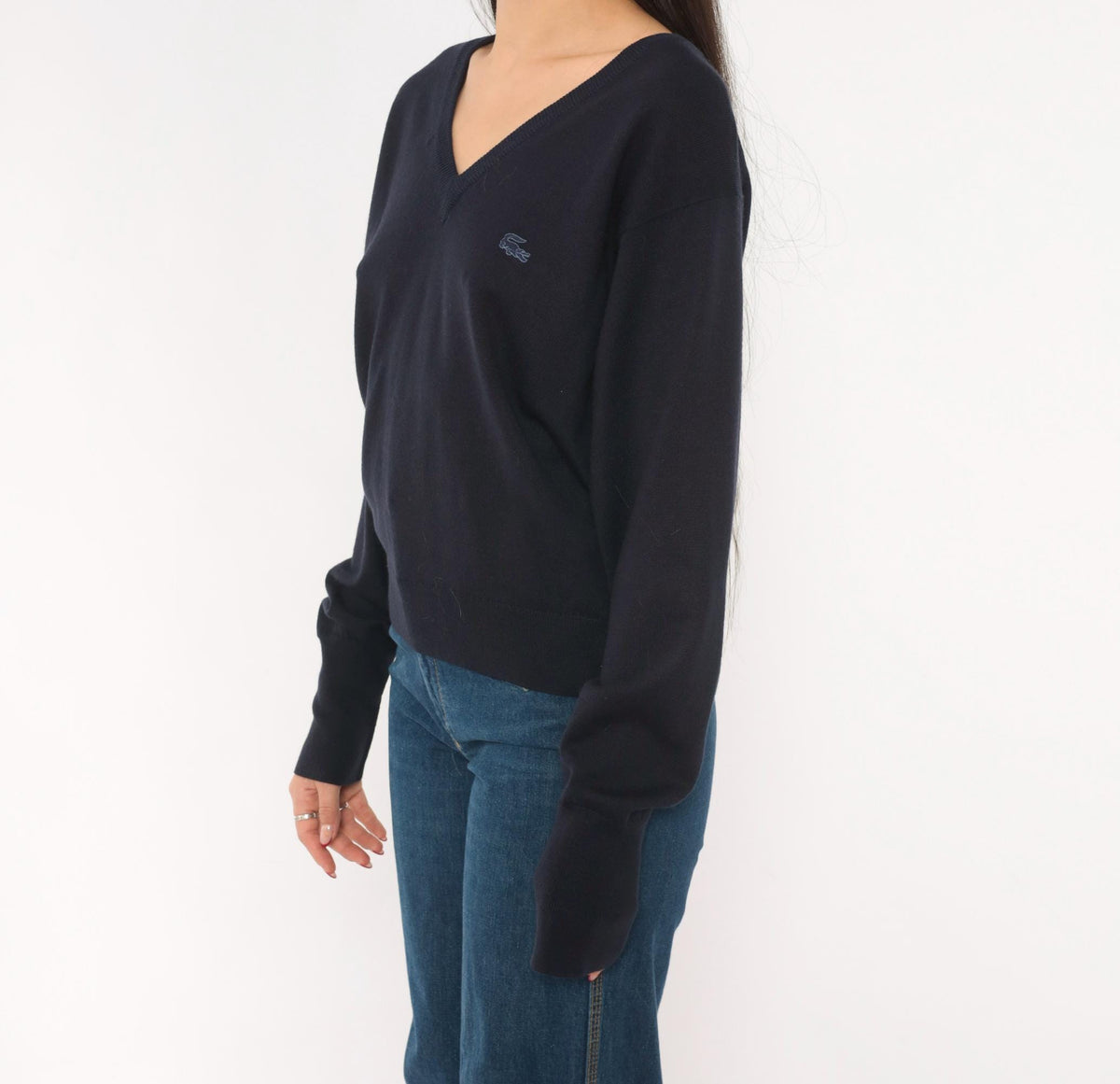 80s Izod Lacoste V-Neck Sweater Navy Wool Blend Raglan Pullover Small