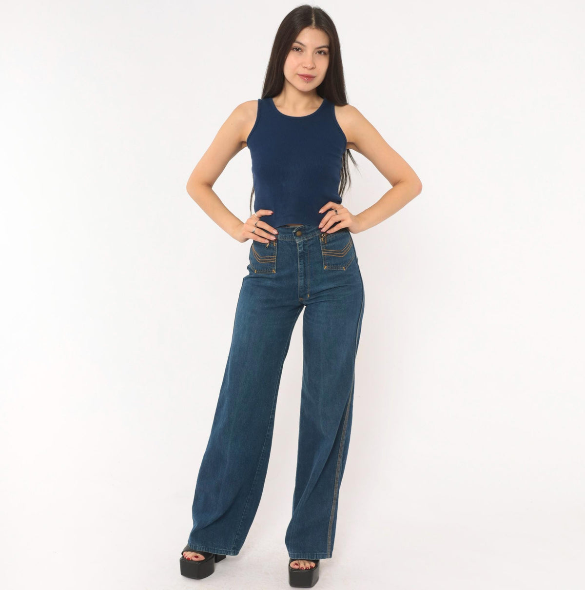 80s Navy Ribbed Tank Top Scoop Neckline Fitted Crop Cotton Extra Small XS