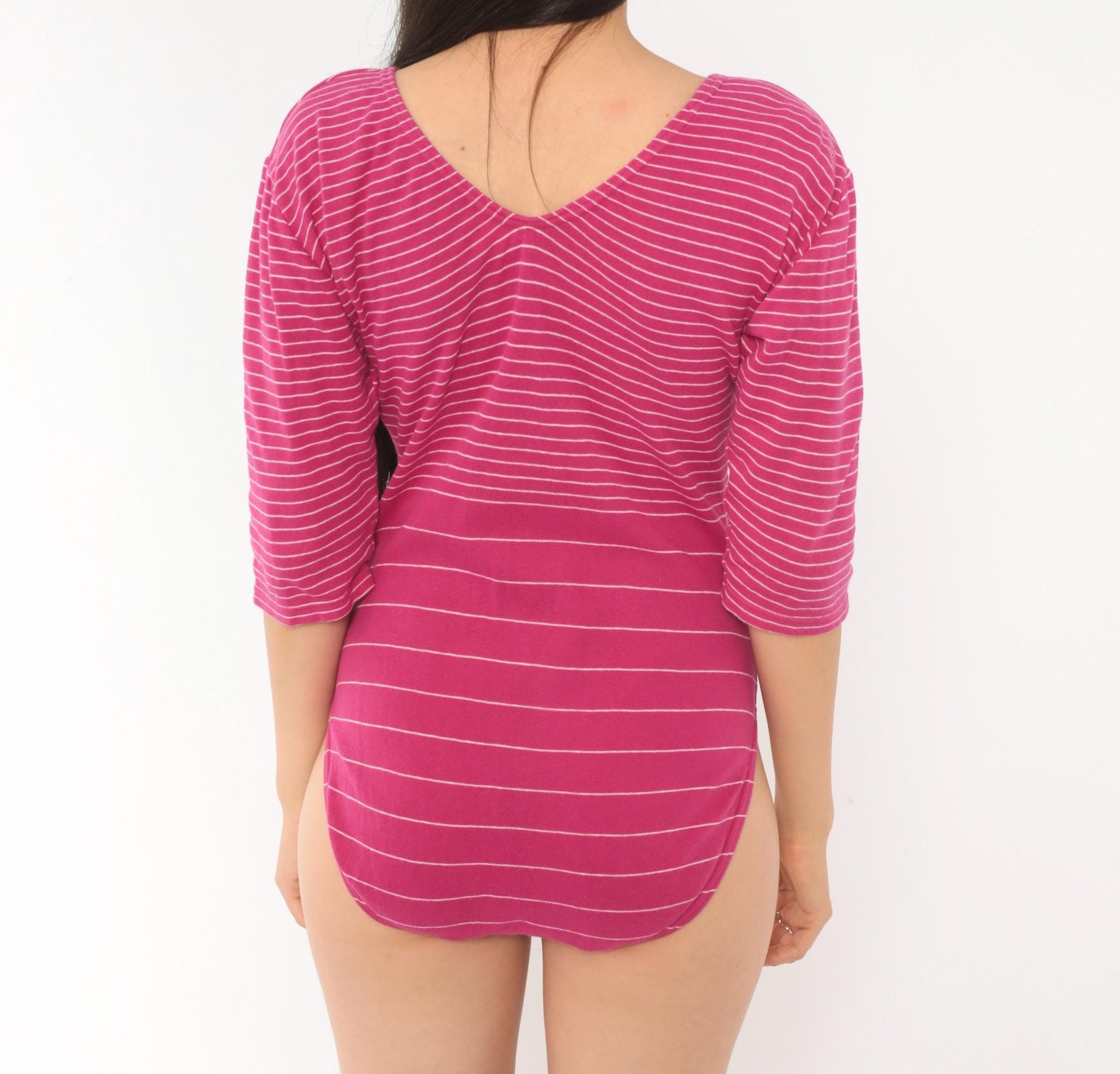80s Pink White Striped Bodysuit Deep V-Neck Dolman Sleeve Snap Crotch Large L
