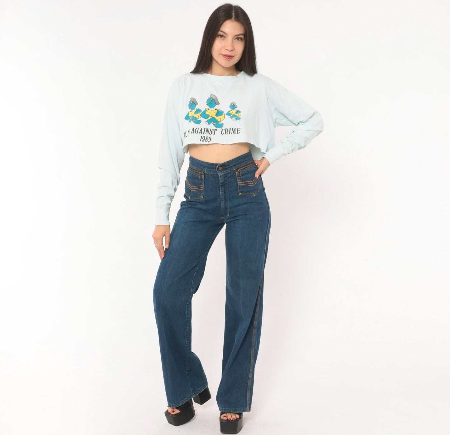 80s Run Against Crime 1989 Cartoon Turtle Police Crop Top Baby Blue Medium