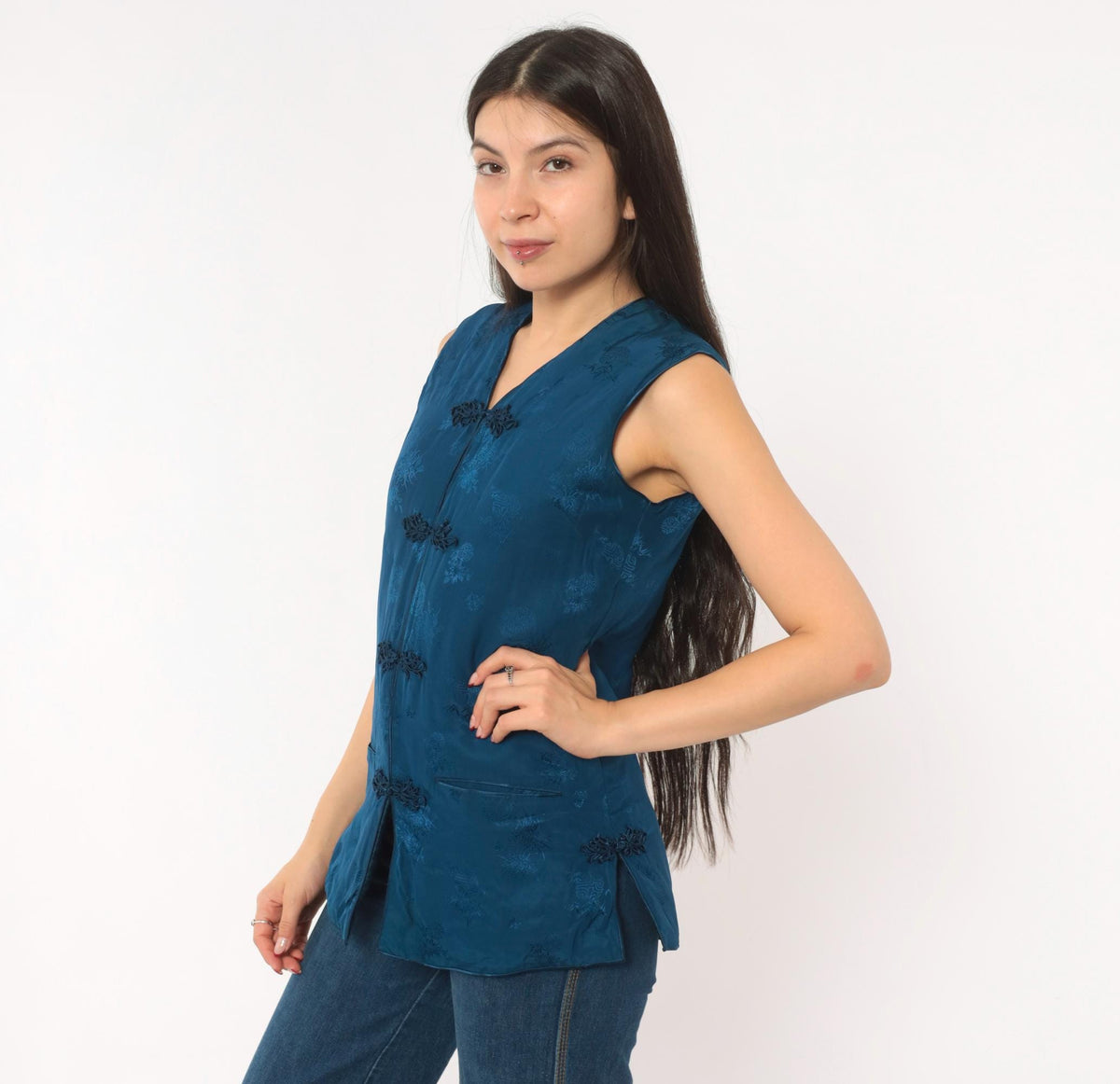 80s Teal Silk Cheongsam Vest Mandarin Frog Closure Floral Small