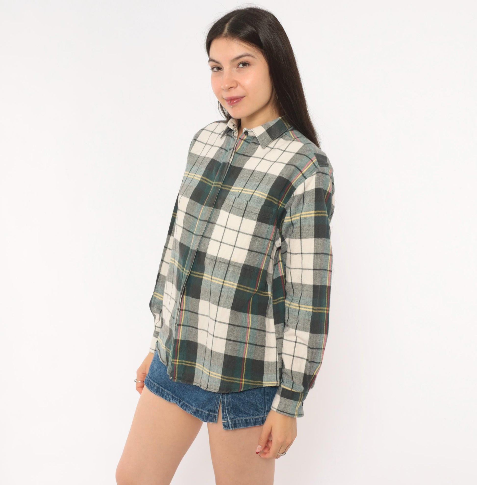 90s Diane Von Furstenberg Plaid Flannel Shirt Grey Green Cream Tartan Blouse
