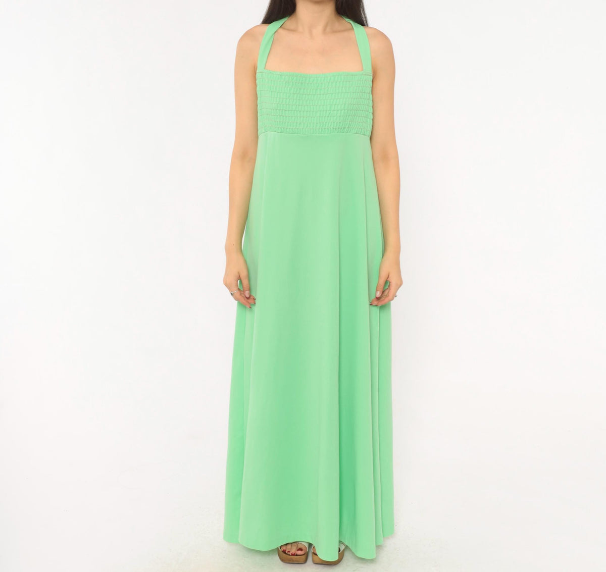 70s Mint Green Halter Maxi Dress Empire Waist Smocked Bodice Open Back Medium