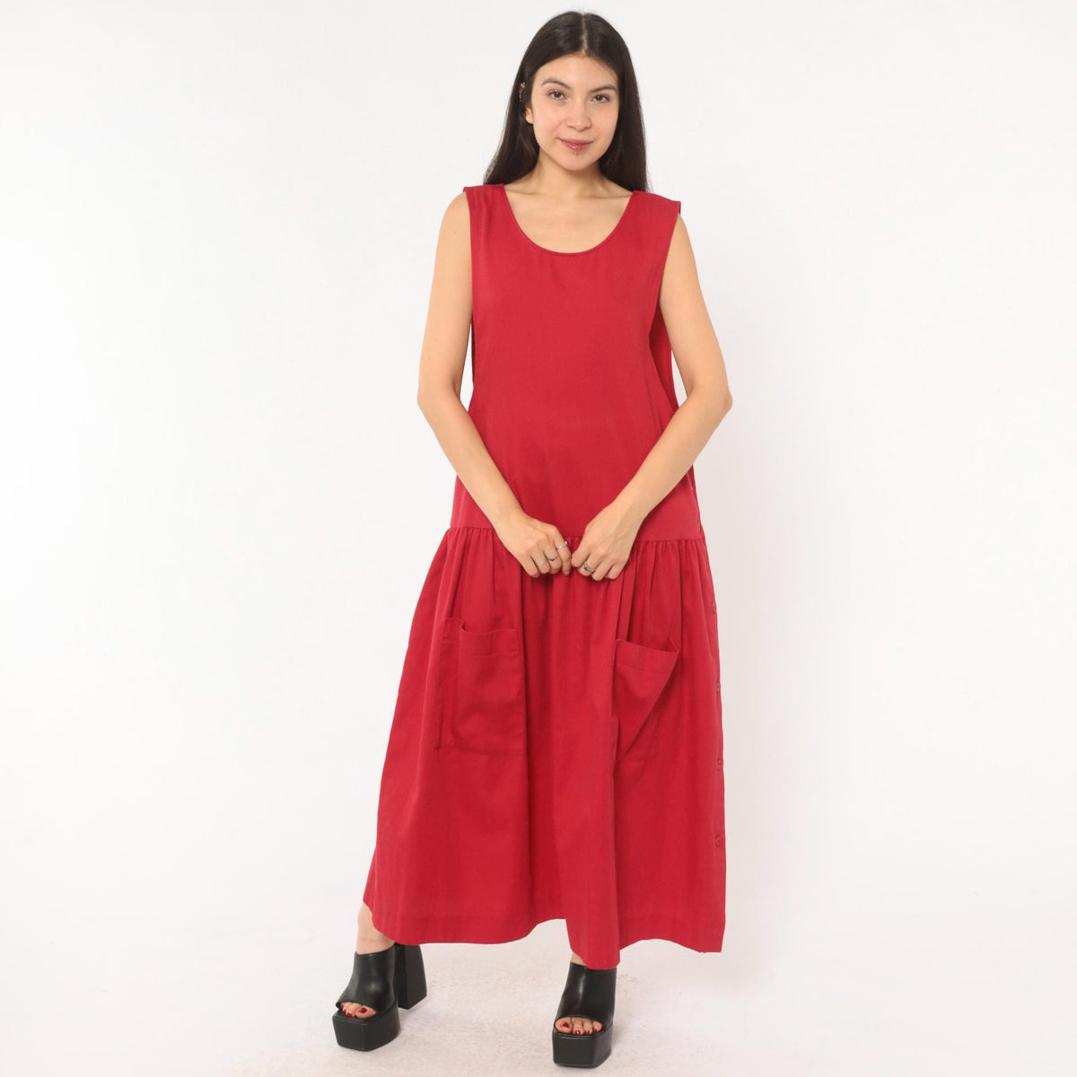 90s Carmel Crimson Red Maxi Dress Drop Waist Sleeveless Scoop Neck Large L