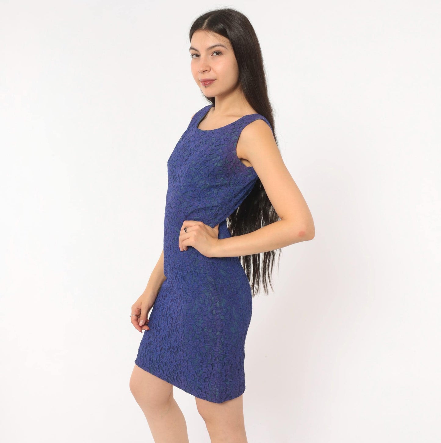 60s Cobalt Lace Sheath Dress Sleeveless Knee-Length Mod Floral Small
