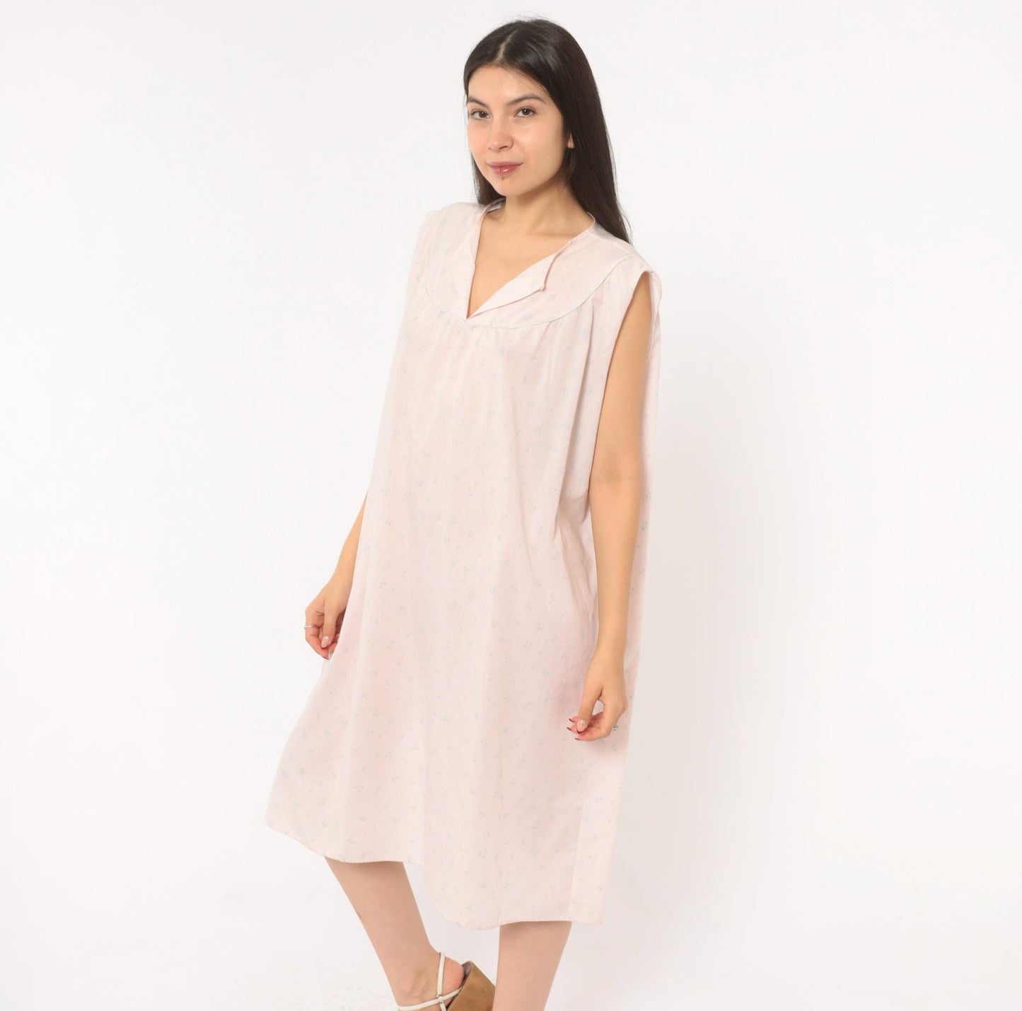 80s Pink Floral Sleeveless Nightgown Cotton V-Neck Knee-Length Extra Large