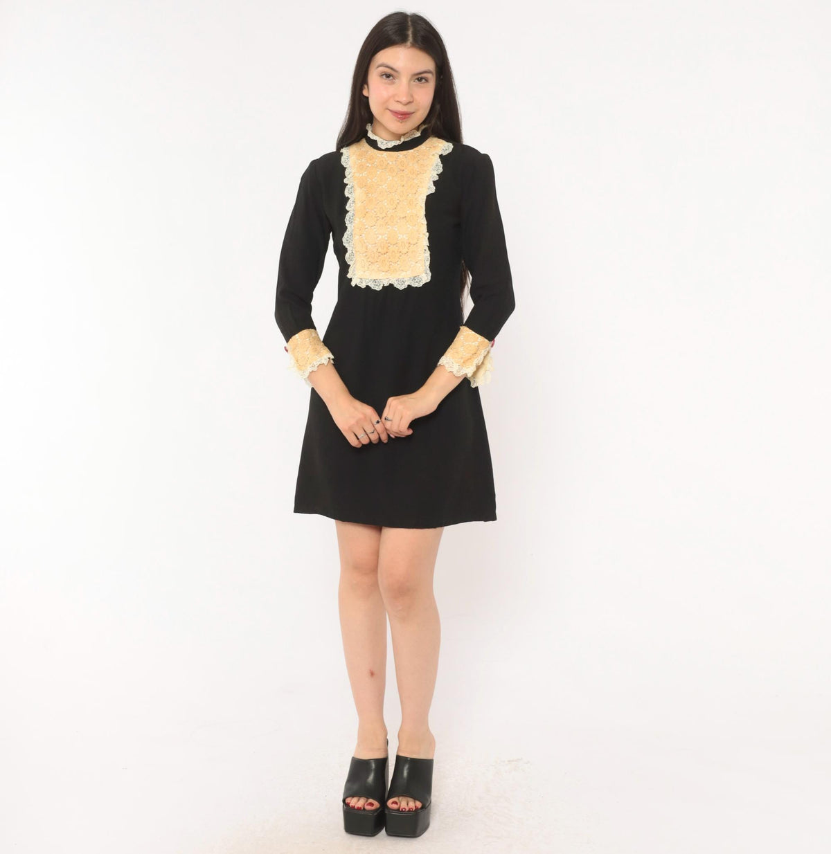60s Black Mini Shift Dress Cream Lace Bib Mock Neck Ruffle Cuff Extra Small