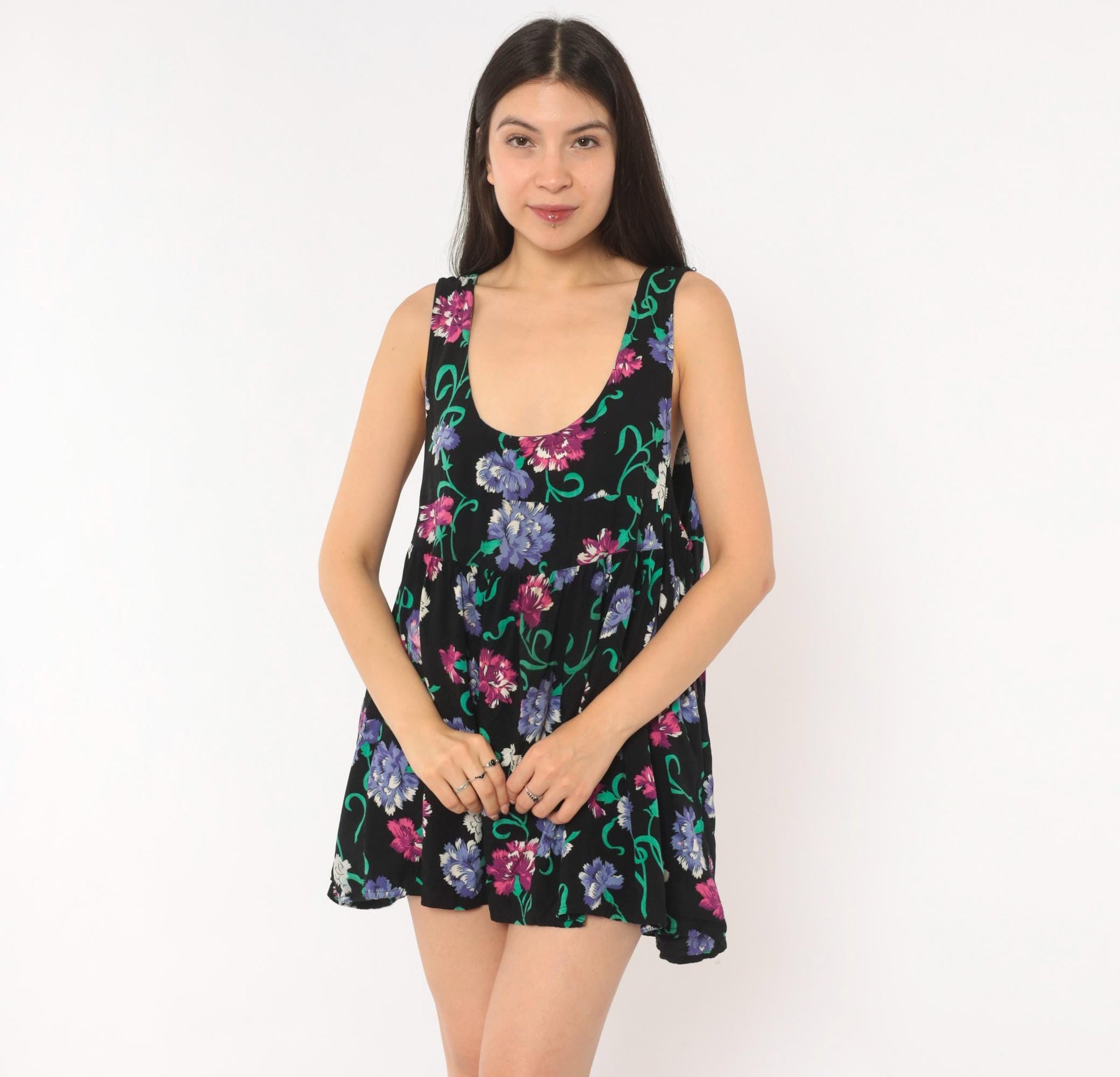 90s Katy D Floral Babydoll Mini Dress Black Empire Waist Scoop Neck Medium M
