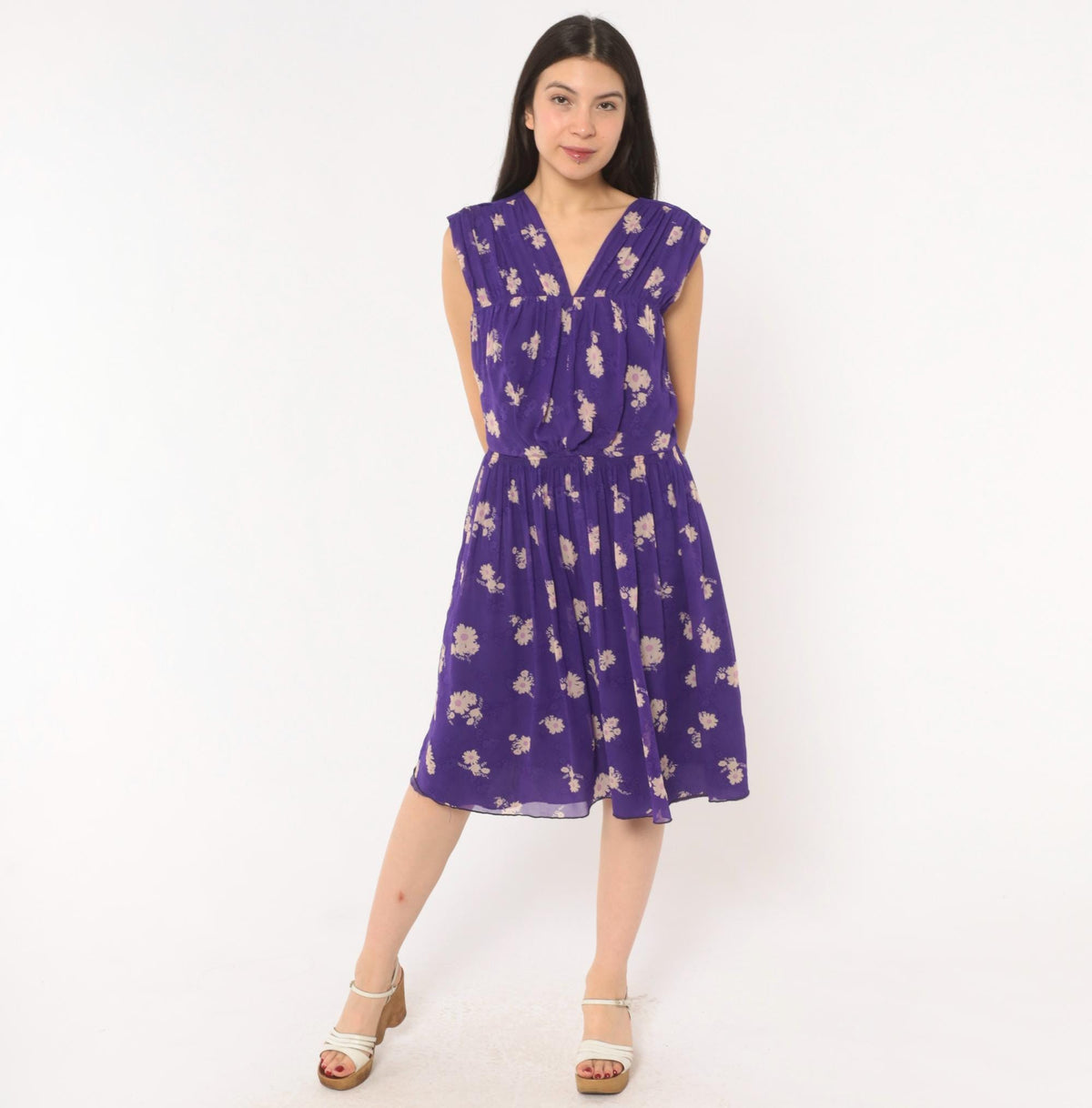Anna Sui 2000s Purple Silk Dress Daisy Floral V-Neck Cap Sleeve Medium M