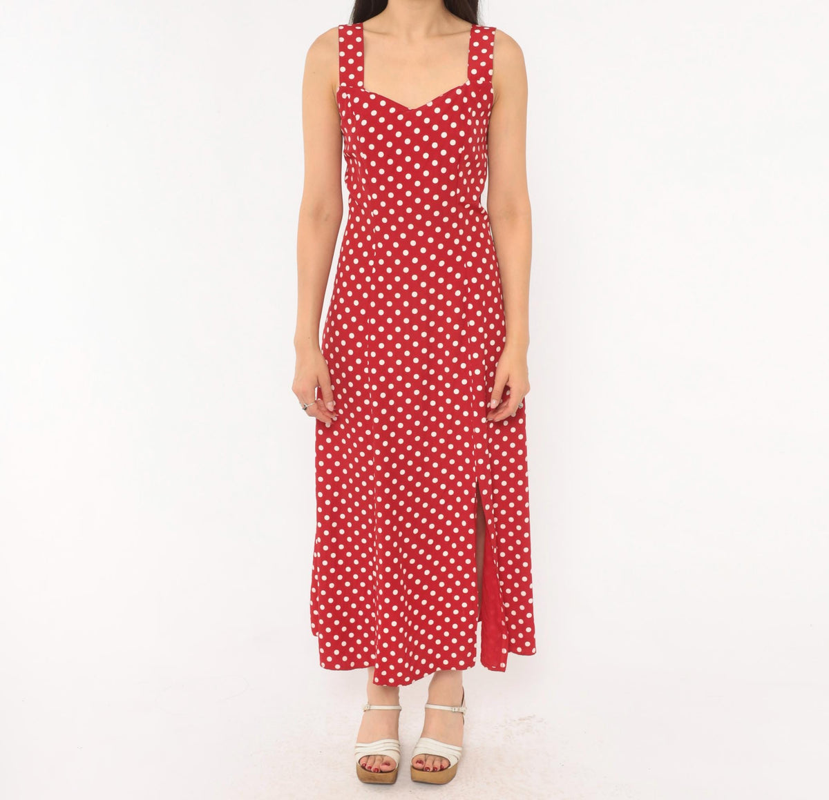 90s Gaccina Red White Polka Dot Midi Sundress Sweetheart Neckline Extra Small XS