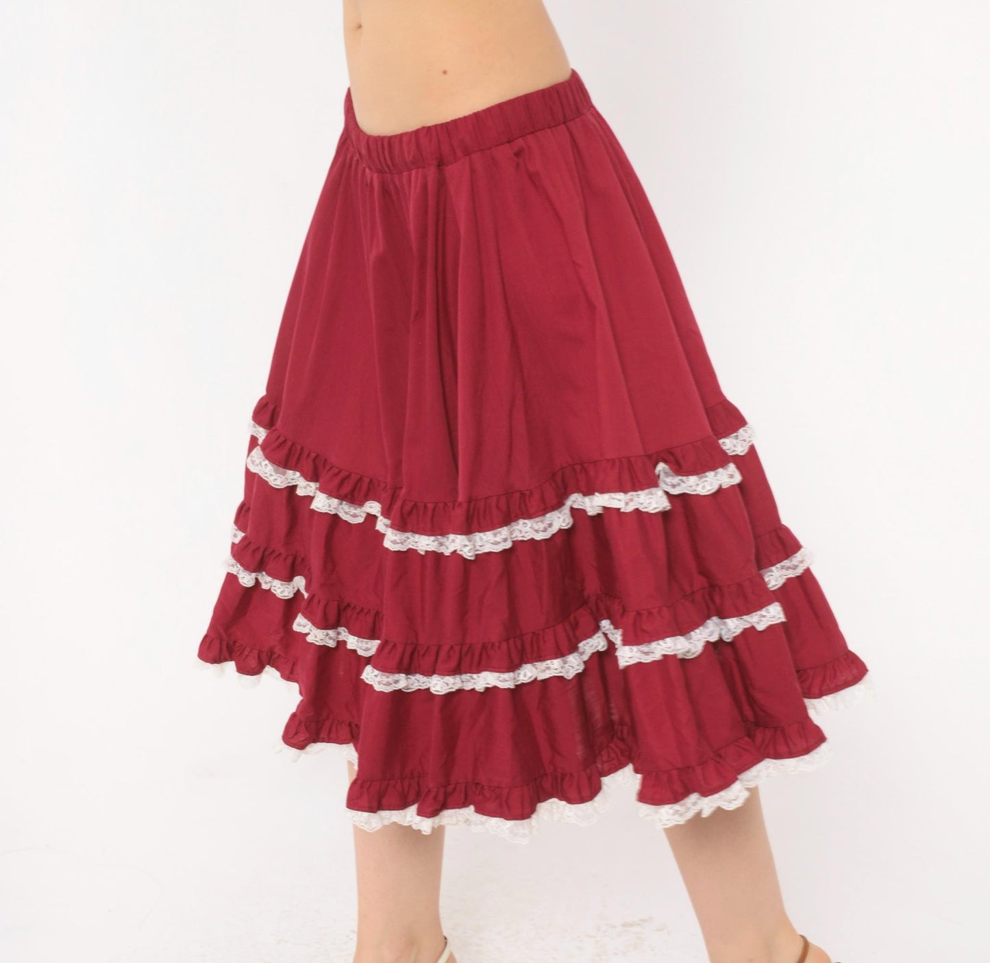 80s Burgundy Tiered Prairie Skirt Cotton Lace Trim Full Circle Medium Large