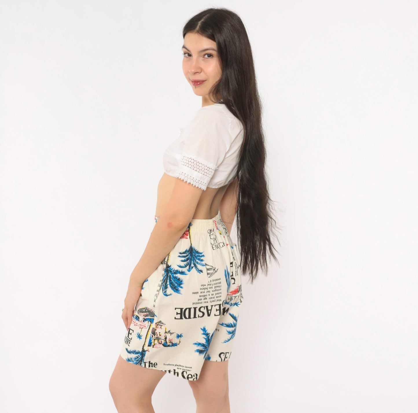 80s Altess Tropical Print Shorts Palm Tree Graphic Cream Blue Medium
