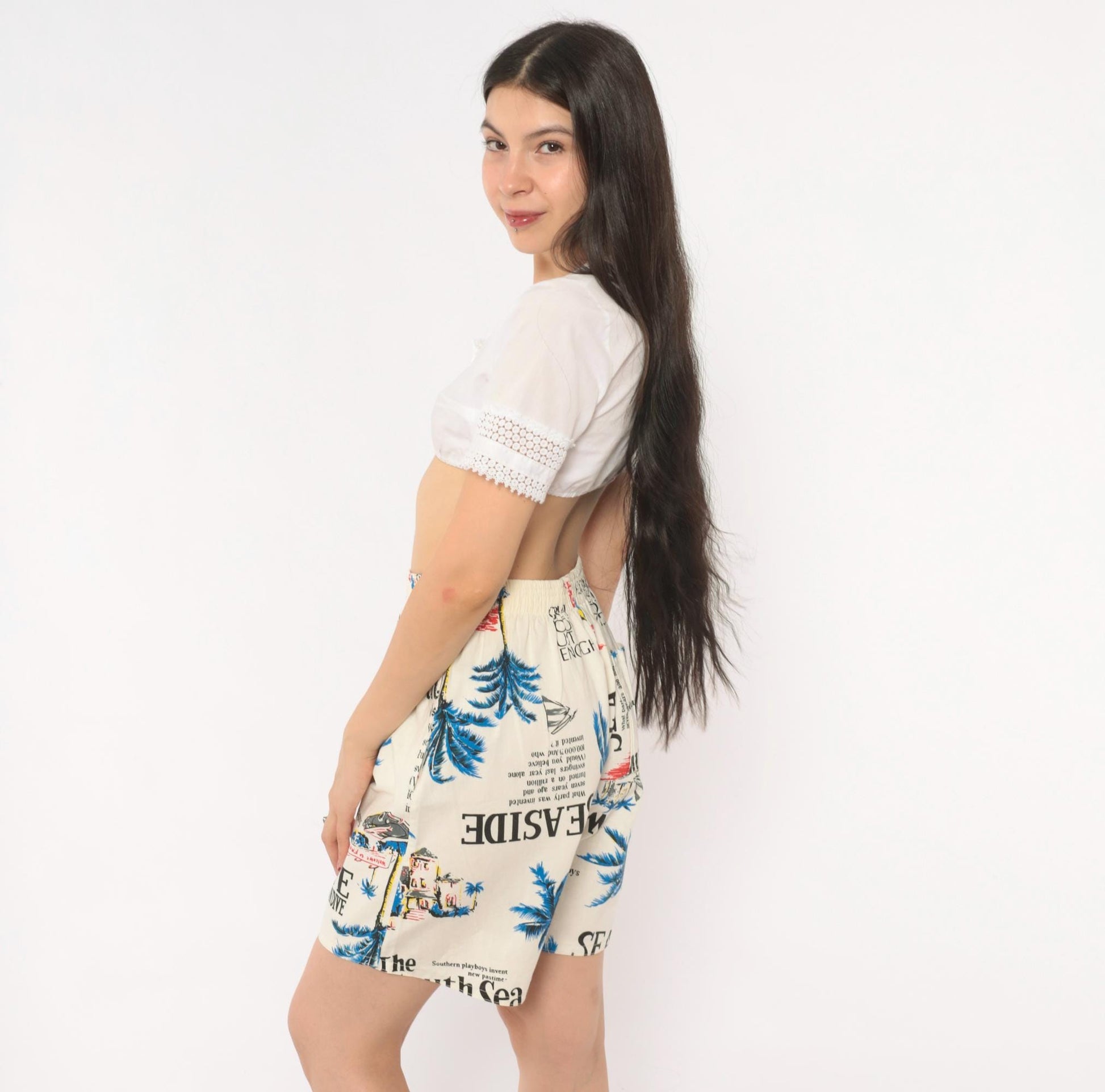 80s Altess Tropical Print Shorts Palm Tree Graphic Cream Blue Medium