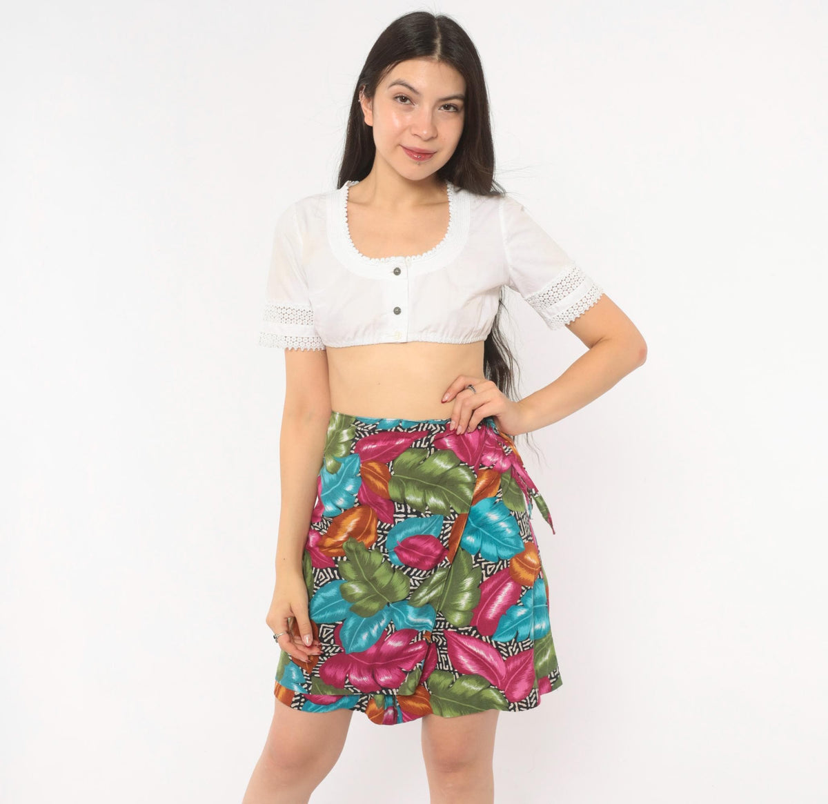 90s Cristin Stevens Tropical Leaf Wrap Skort Magenta Teal Mini Extra Large XL