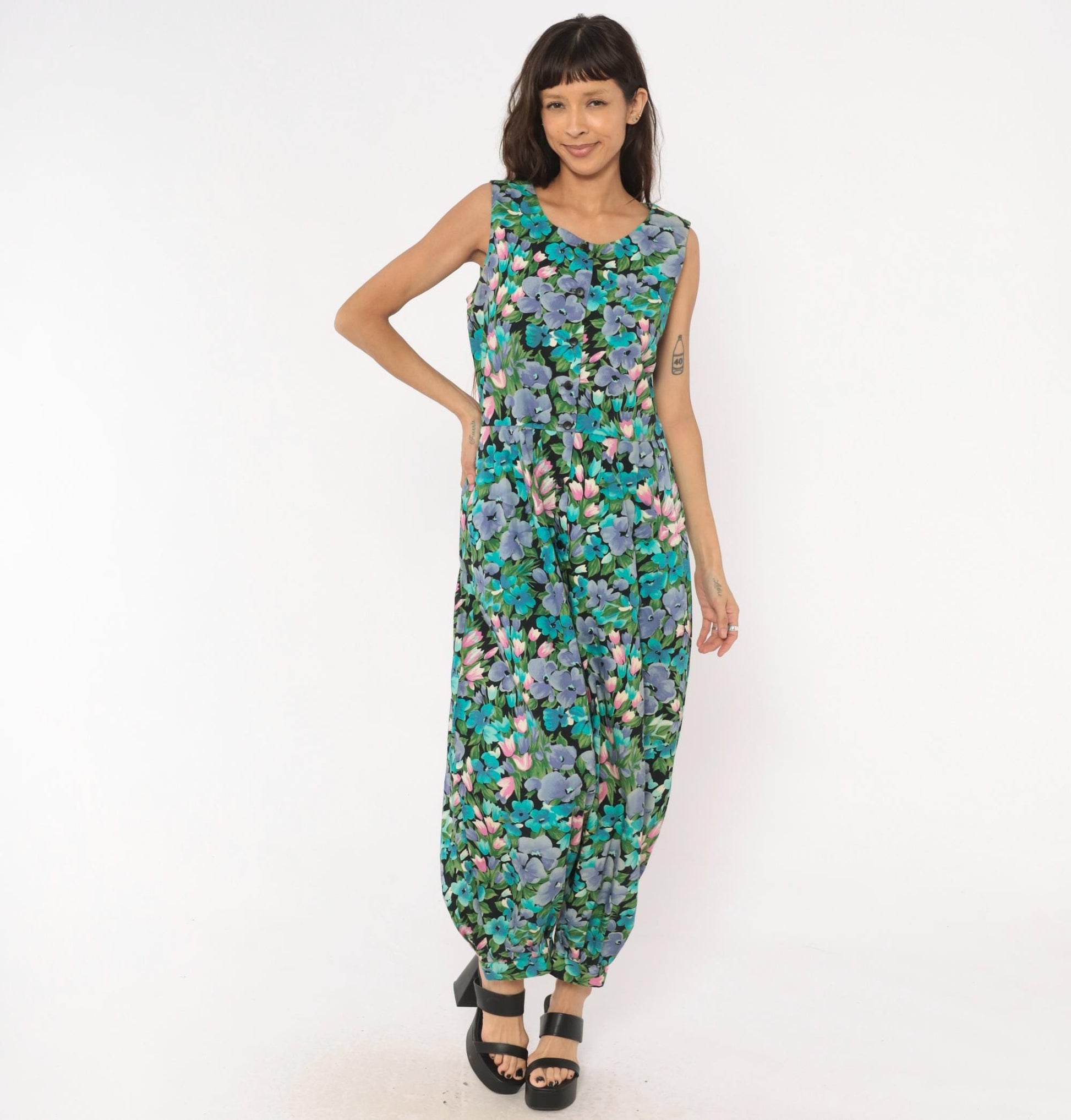90s Maggie Breen Floral Jumpsuit Sleeveless Cotton Wide Leg Black Garden Print Medium
