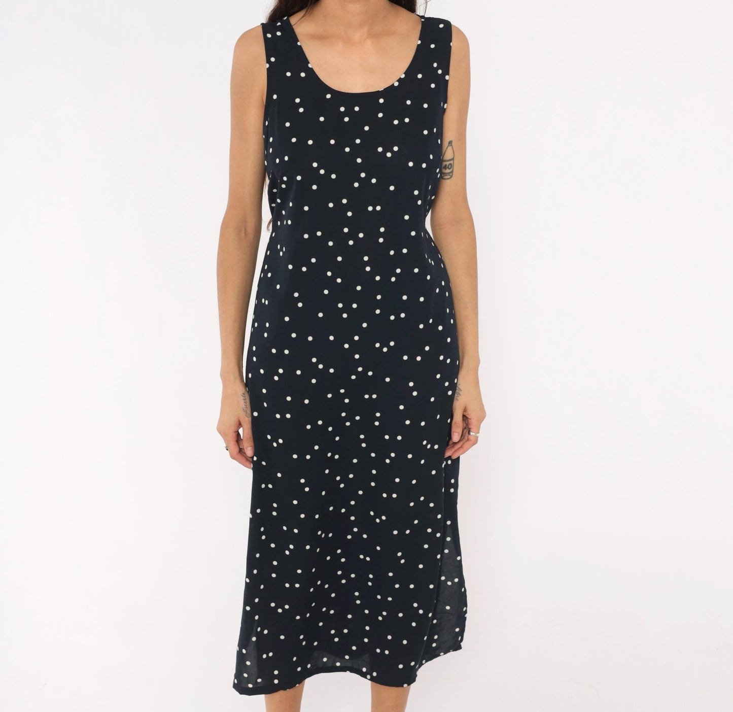 90s Navy Polka Dot Midi Dress Sleeveless Scoop Neck White Spotted Medium
