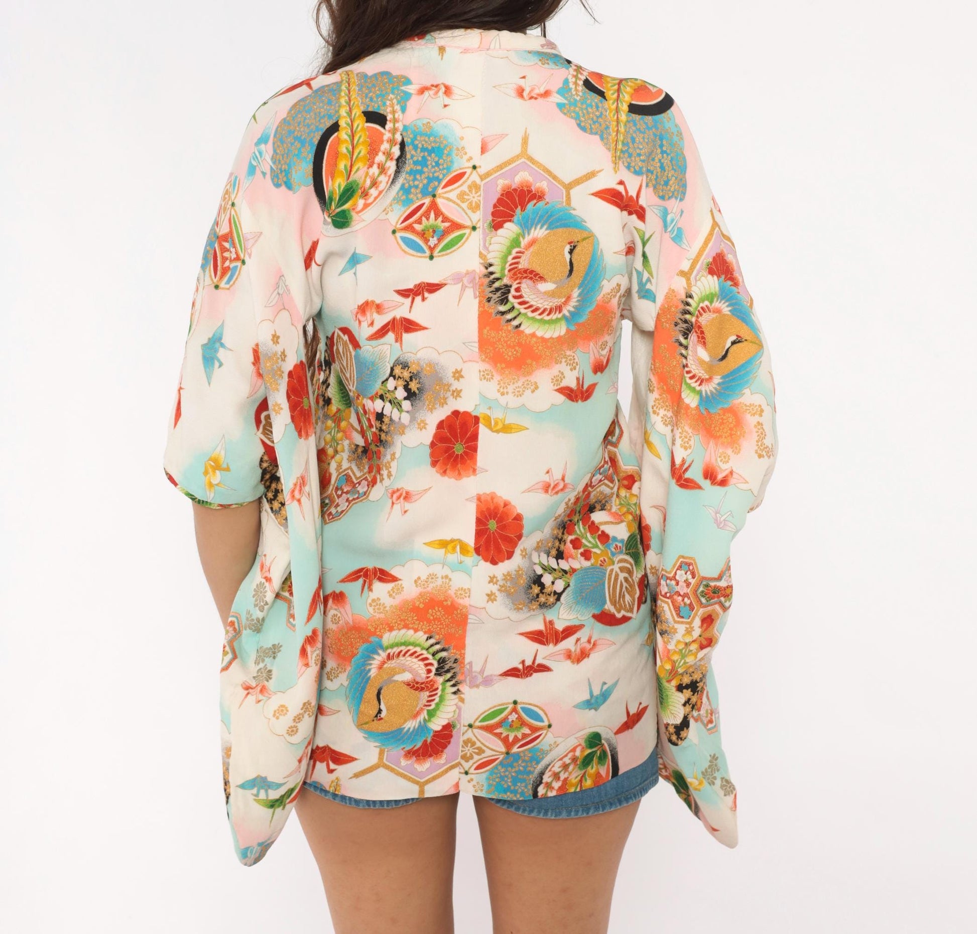70s Japanese Kimono Jacket Origami Crane Floral Wrap Sky Blue Small S