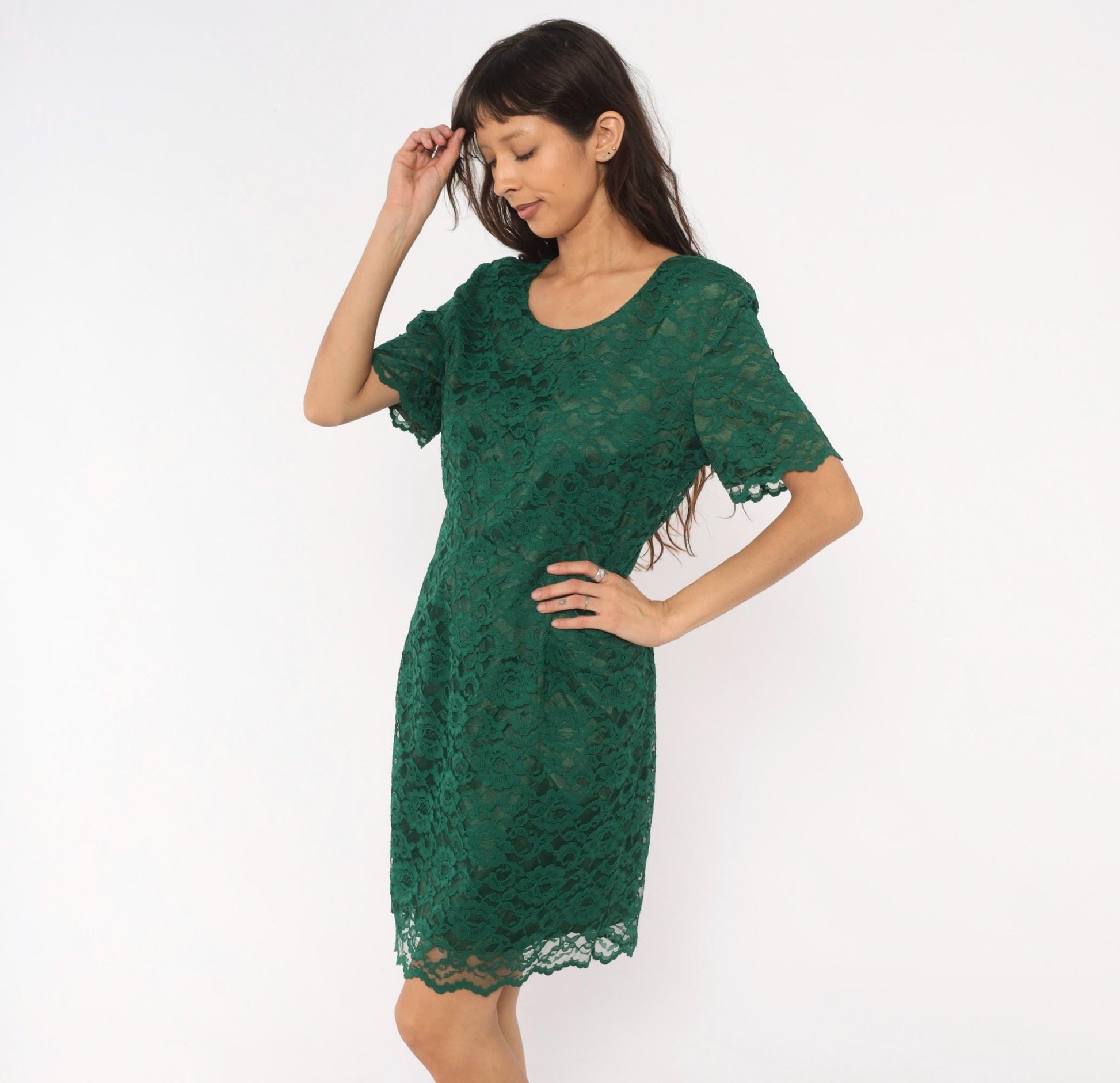90s My Michelle Emerald Lace Dress Scalloped Short Sleeve Floral Overlay Large L