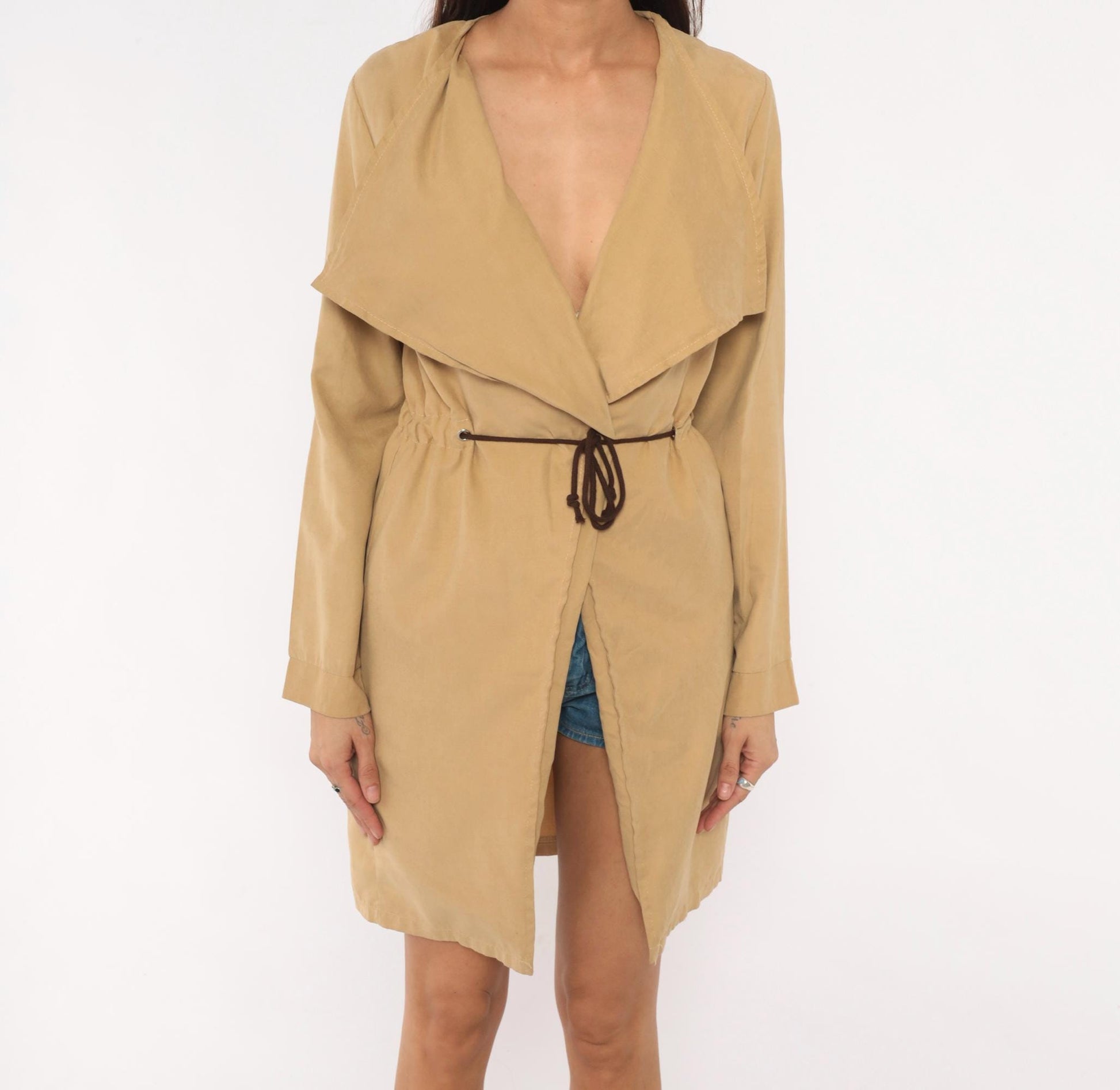 Y2K Tan Draped Waterfall Collar Trench Coat Knee-Length Medium M