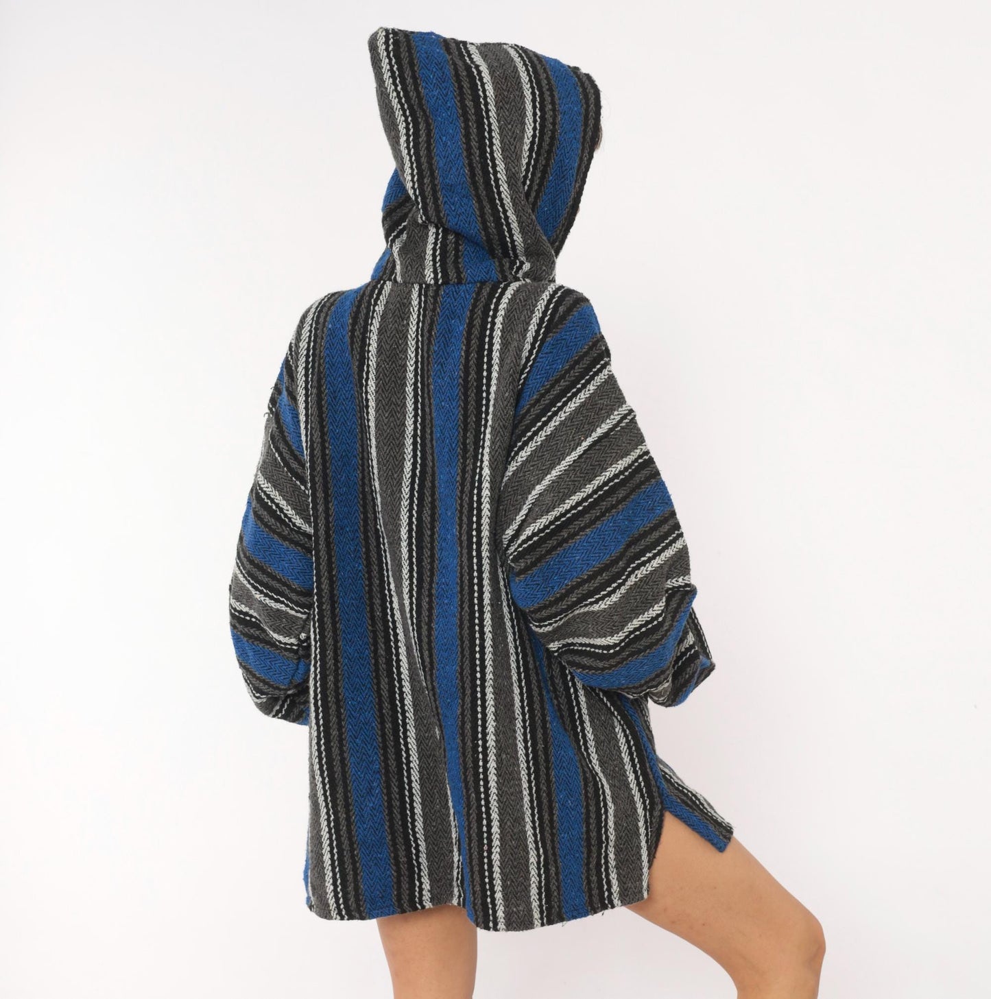 90s Earth Ragz Baja Hoodie Navy Grey Striped Herringbone Plus Size XXL