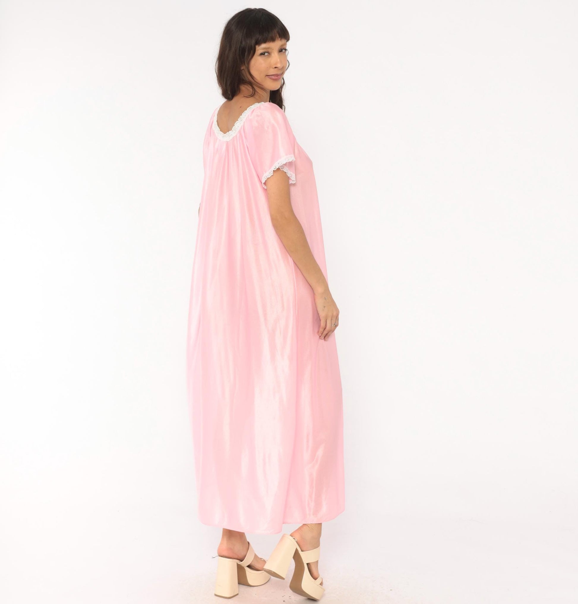 80s Private Moments Pink Maxi Nightgown Lace Trim Flutter Sleeve One Size