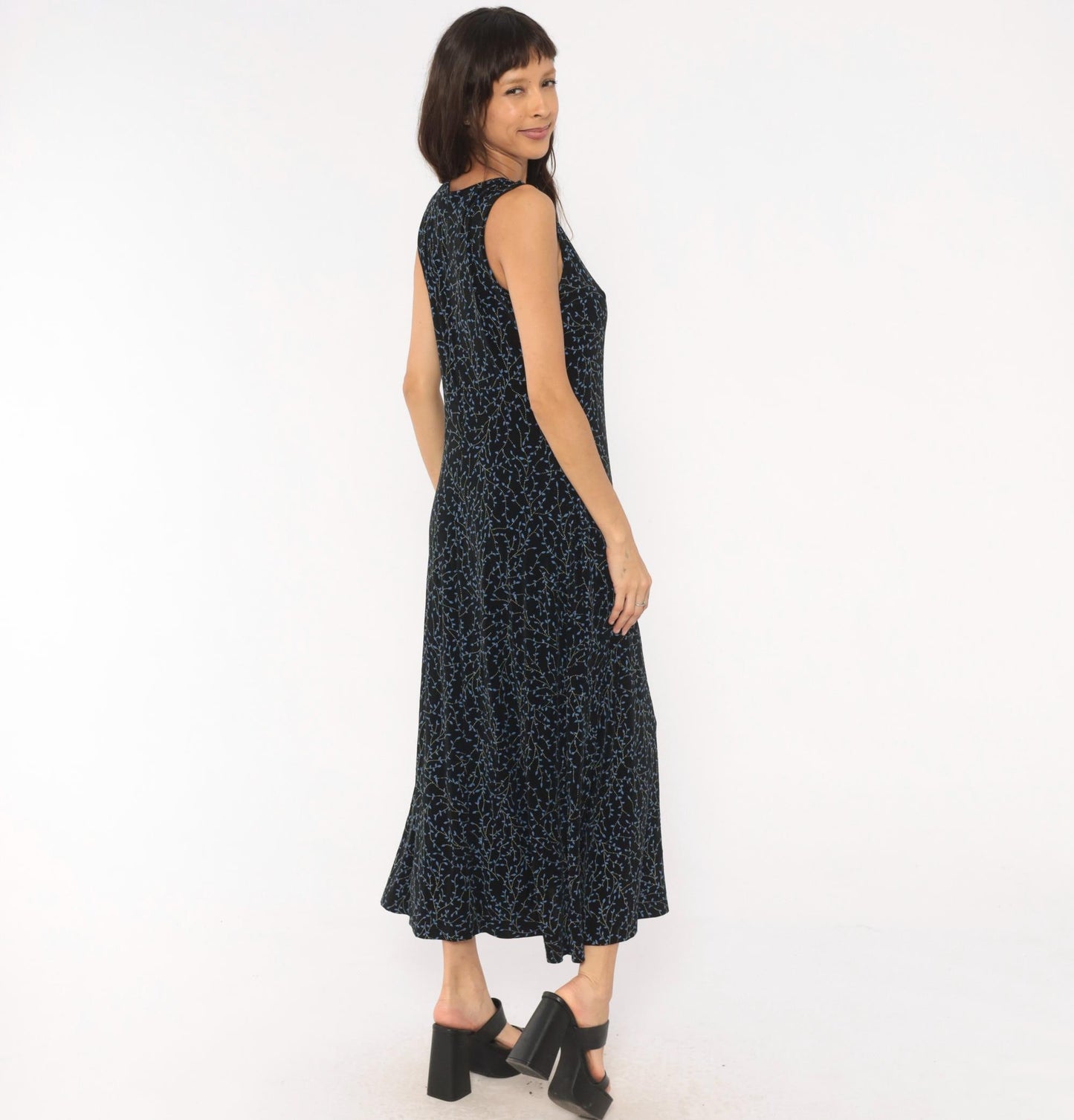 90s Black Vine Print Maxi Dress Blue Leaf Scoop Neck Tank Medium Large