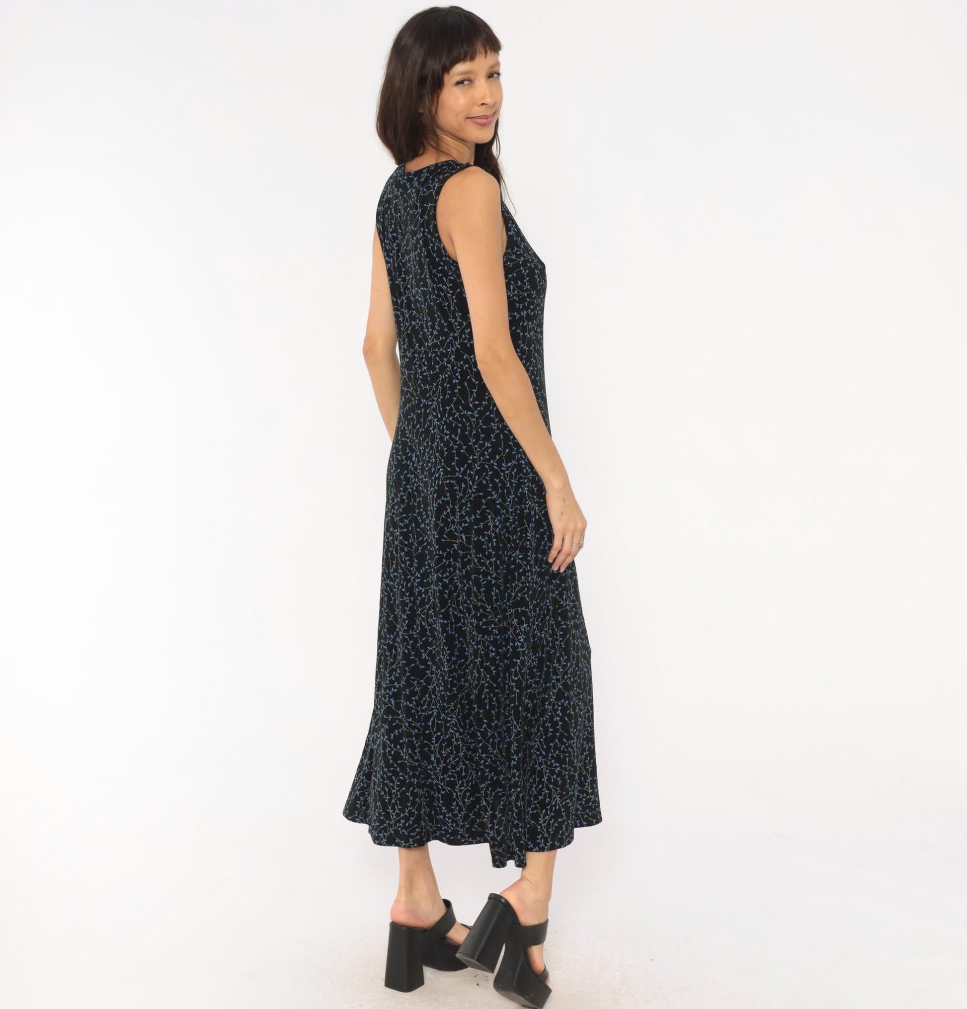 90s Black Vine Print Maxi Dress Blue Leaf Scoop Neck Tank Medium Large