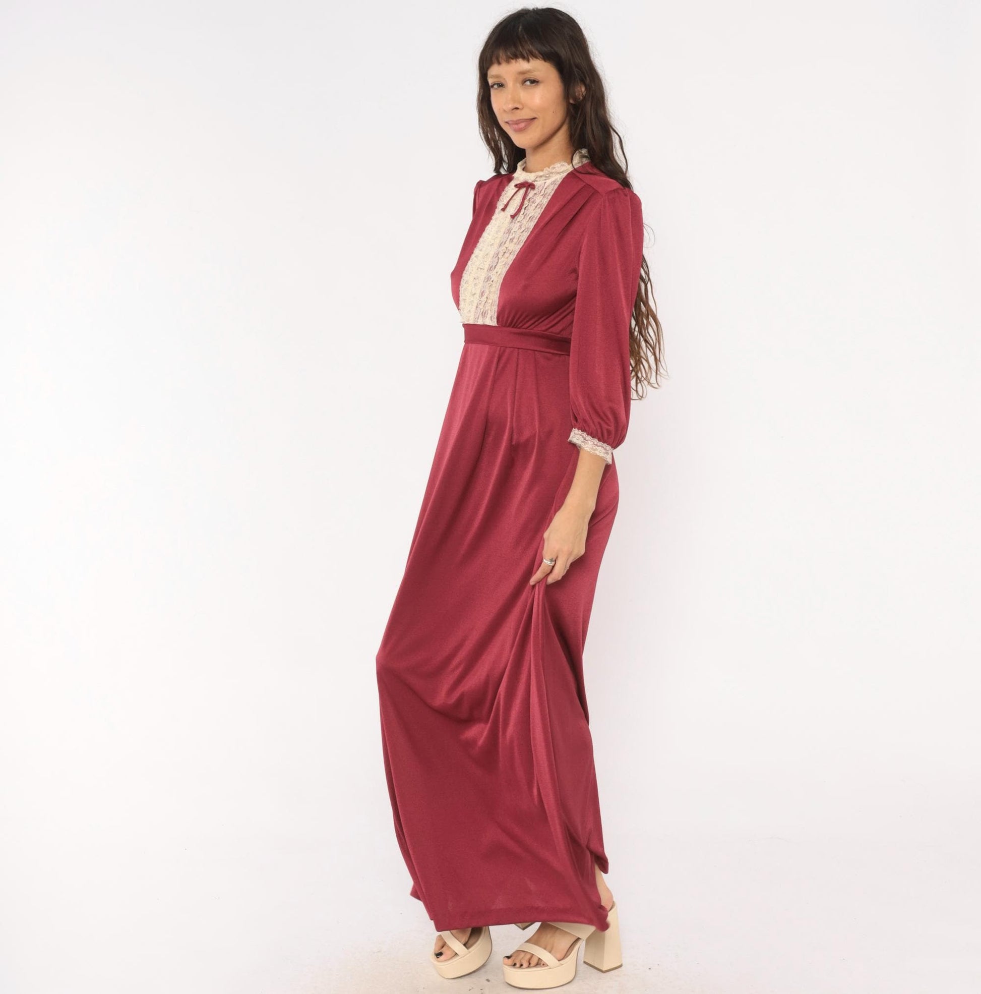 70s Burgundy Lace Bib Maxi Dress Puff Sleeve High Neck Ribbon Bow Extra Small
