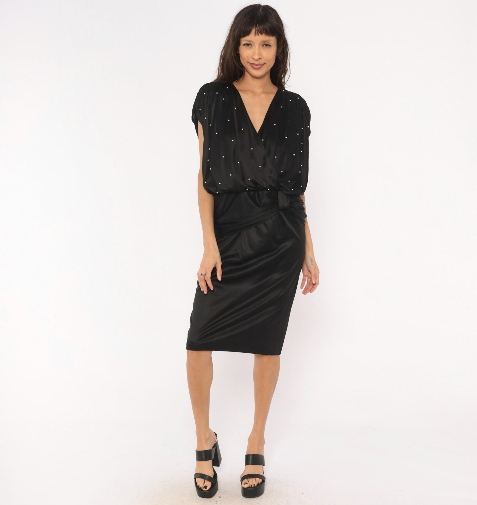 90s Jenny Black Pearl Studded Wrap Dress V Neck Knee Length Medium M
