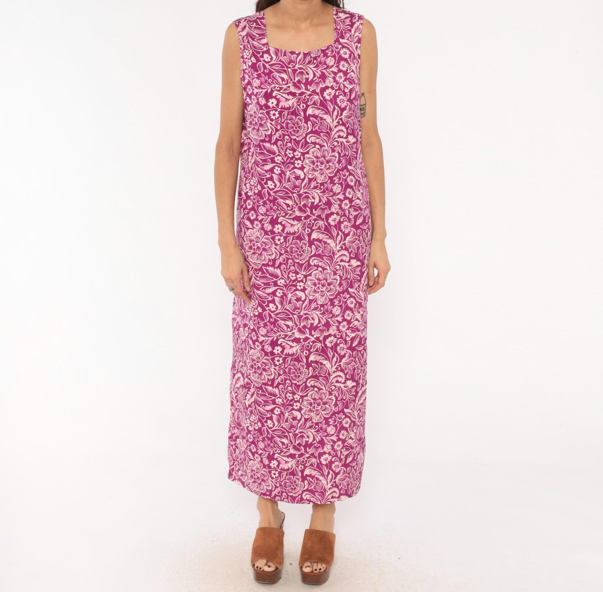 90s Rum Runner Silk Maxi Dress Purple Floral Botanical Print Medium M