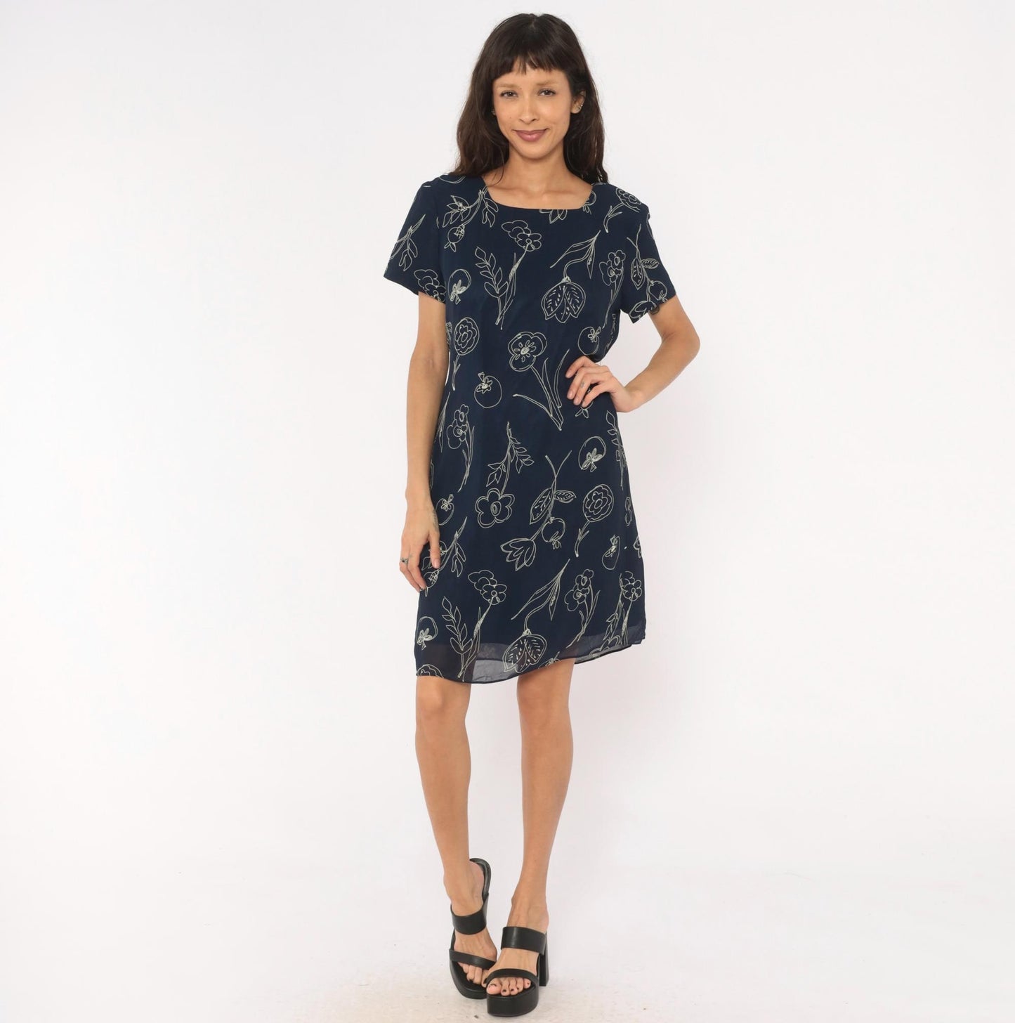 90s Talbots Navy Botanical Line Drawing Knee Dress White Floral Scoop Neck Large L
