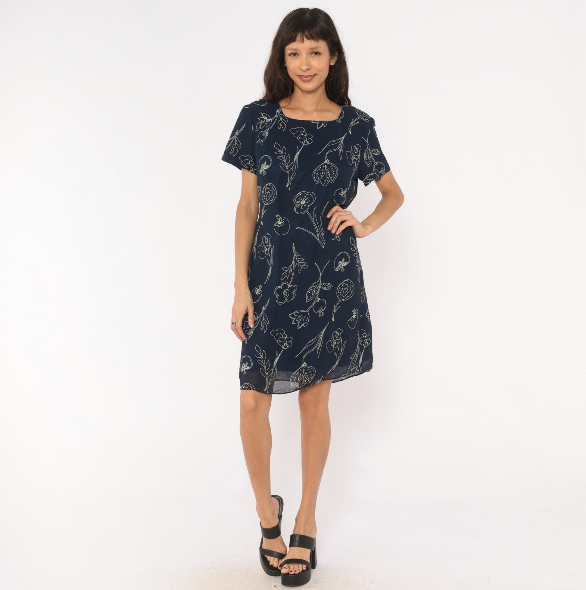 90s Talbots Navy Botanical Line Drawing Knee Dress White Floral Scoop Neck Large L