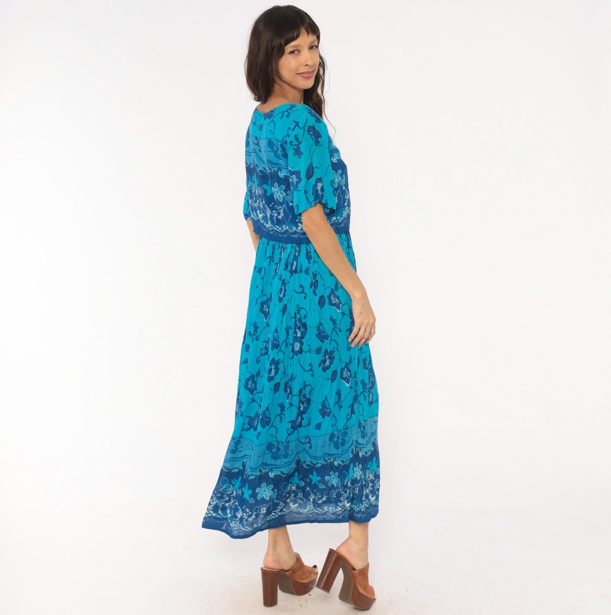 90s Style Teal Floral Maxi Dress Short Sleeve Vine Print Blue Medium M