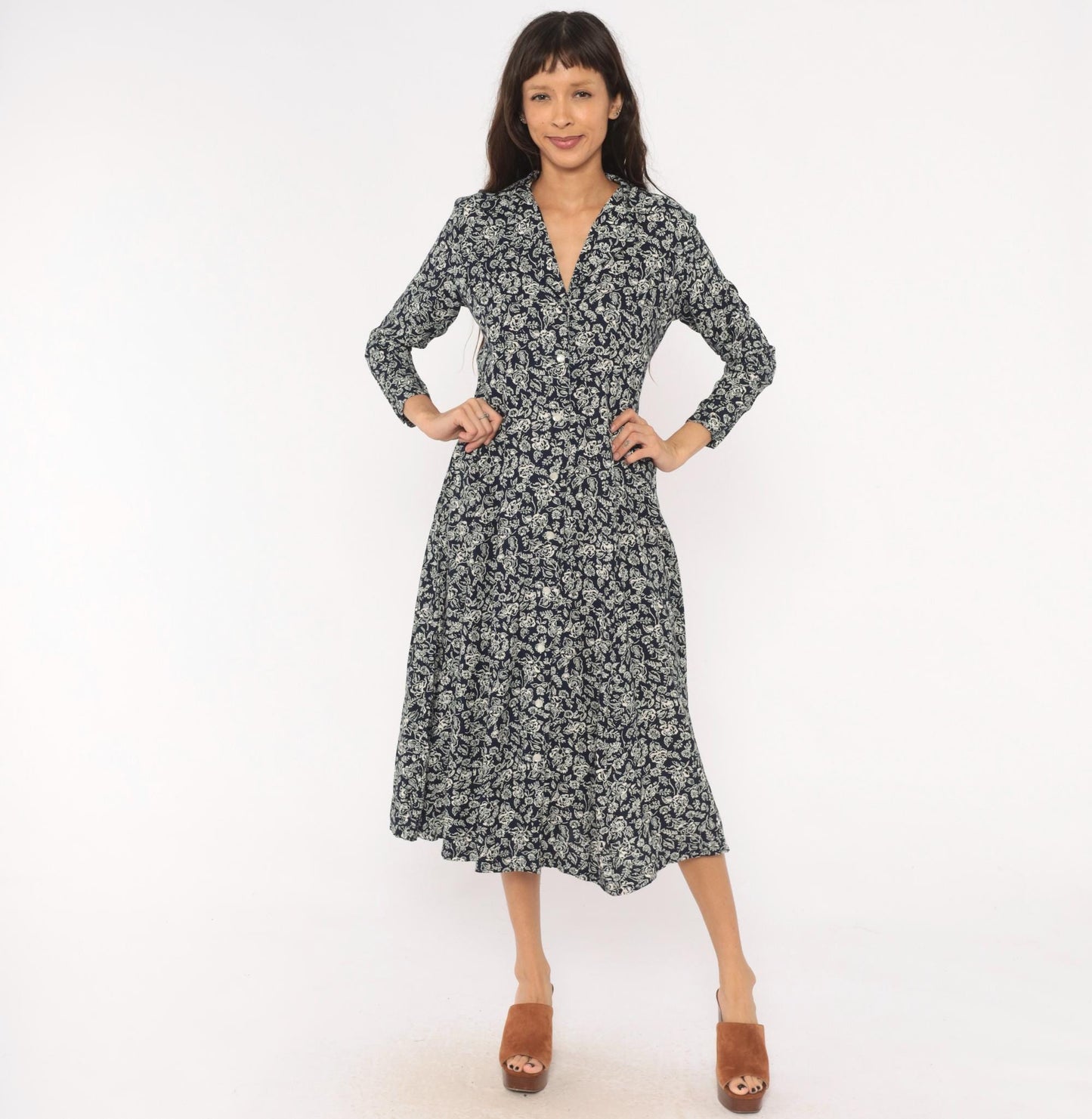 90s Two Twenty Floral Button Front Midi Dress Navy Cream Rose Print Medium M