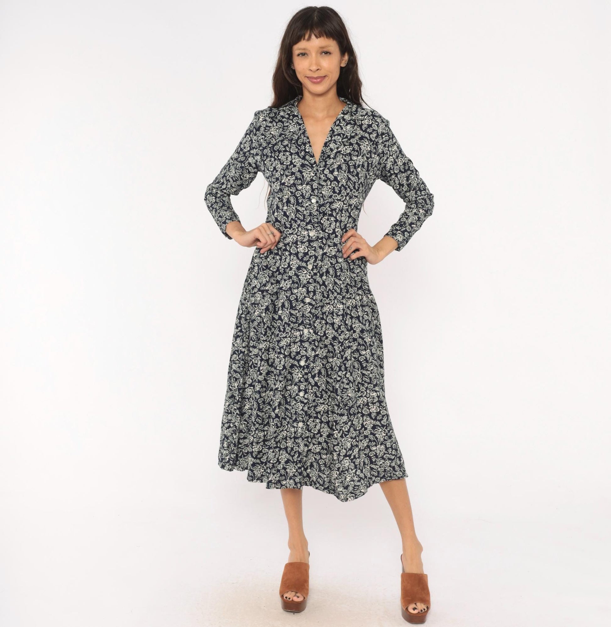 90s Two Twenty Floral Button Front Midi Dress Navy Cream Rose Print Medium M