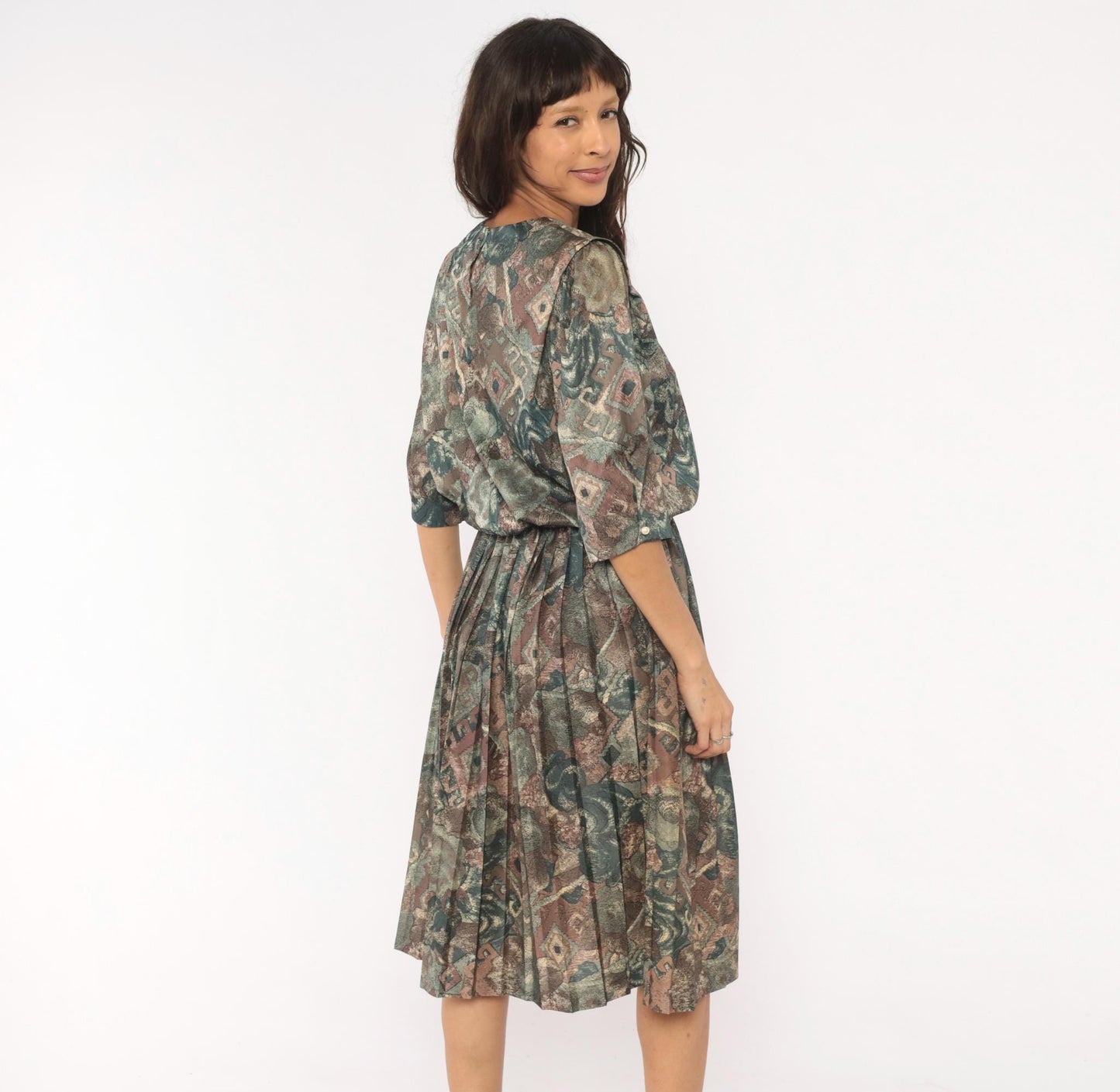 80s M.C.S.Ltd. Abstract Floral Patchwork Dress Puff Sleeve Pleated Knee Teal Medium Large