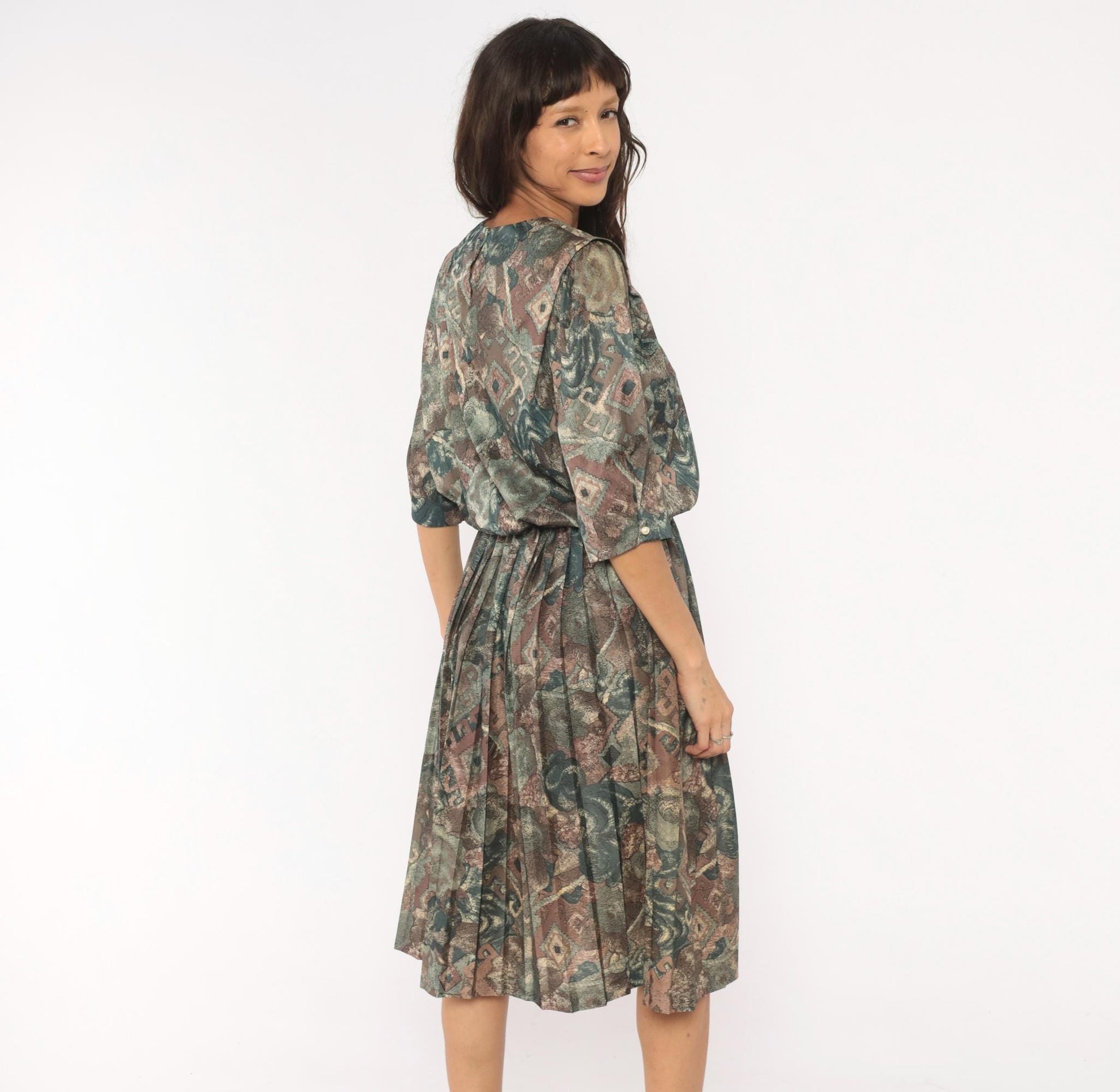 80s M.C.S.Ltd. Abstract Floral Patchwork Dress Puff Sleeve Pleated Knee Teal Medium Large