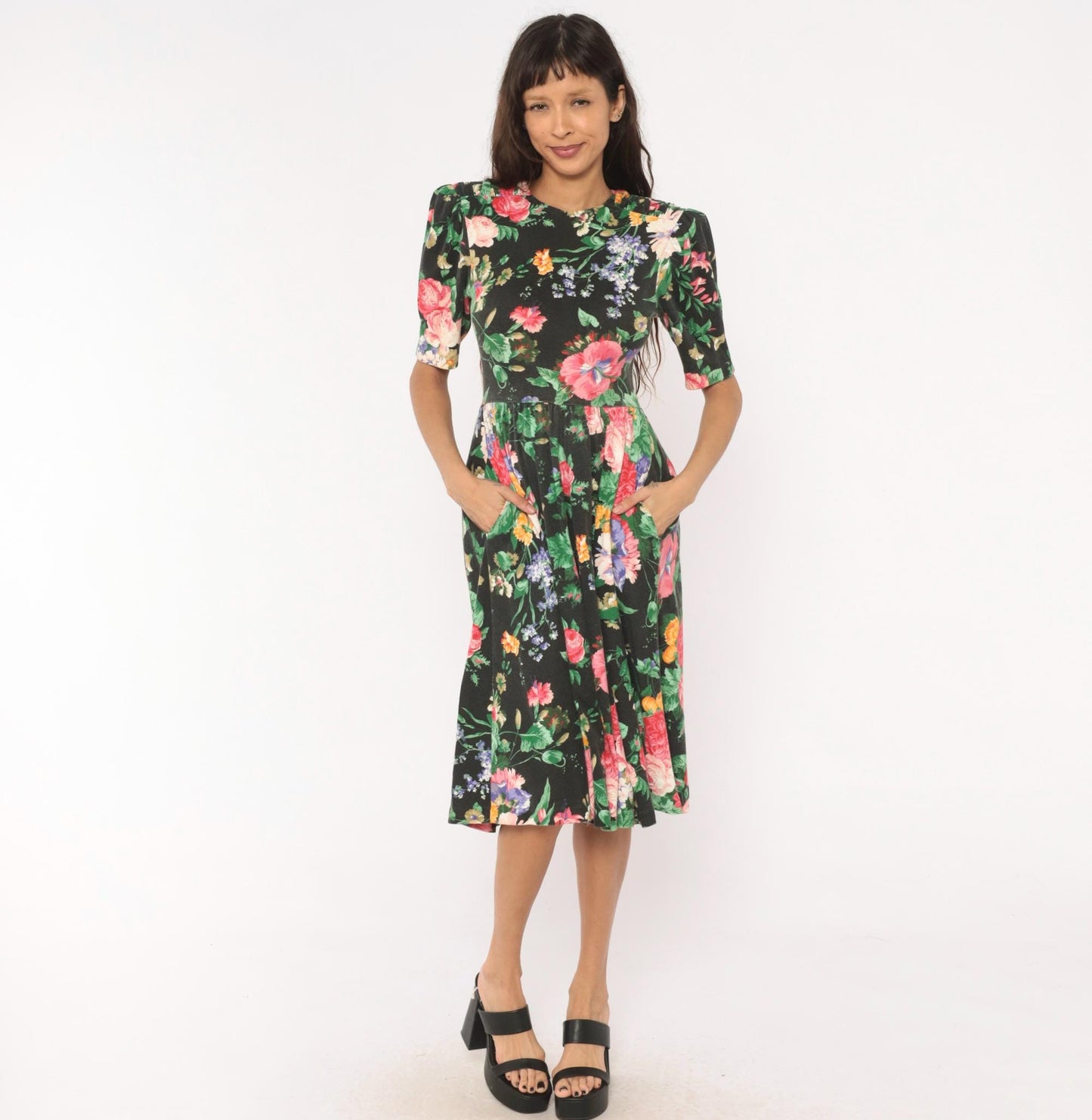 90s Expo Petite Floral Midi Dress Black Pink Puff Sleeve Small