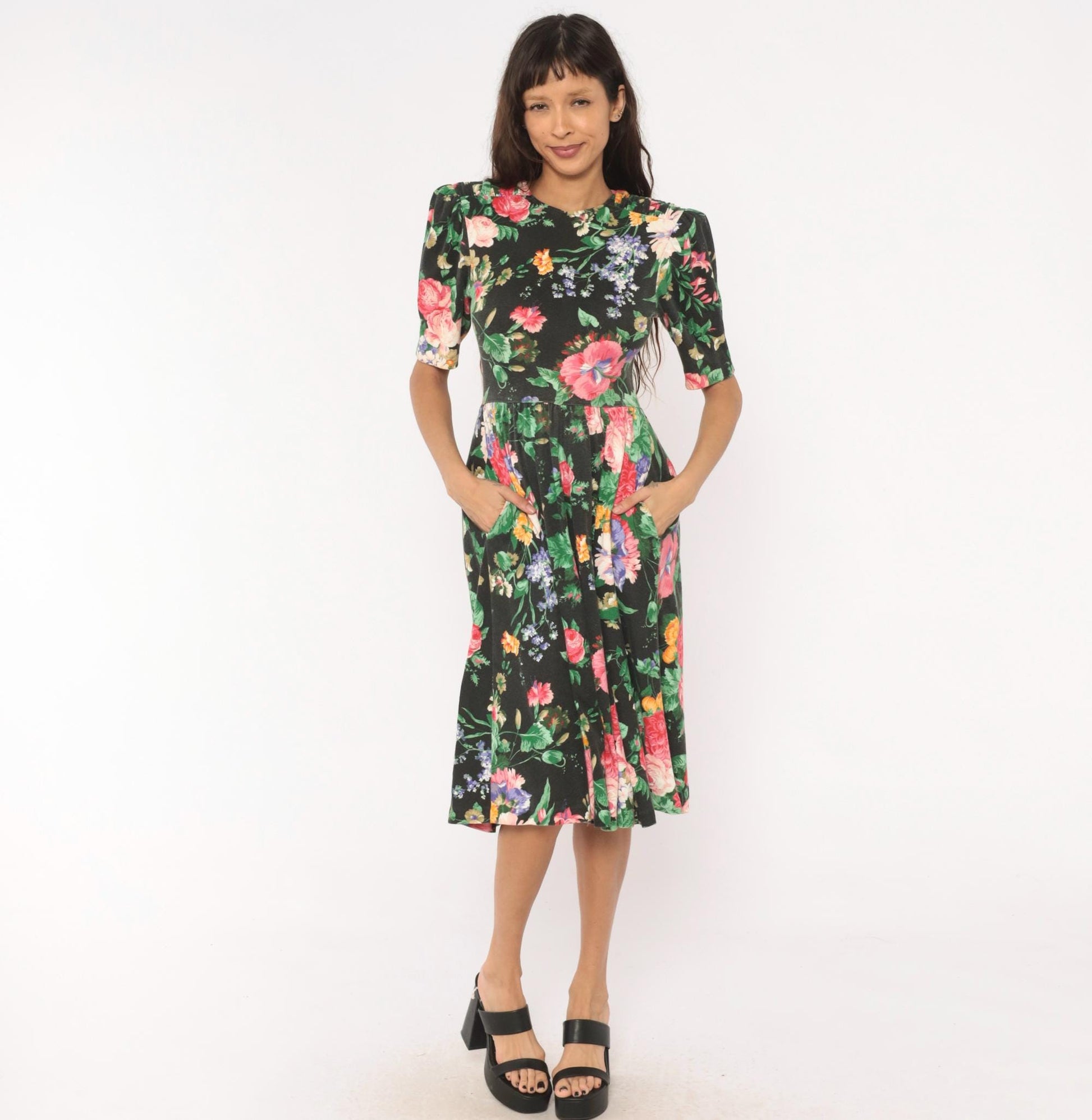 90s Expo Petite Floral Midi Dress Black Pink Puff Sleeve Small