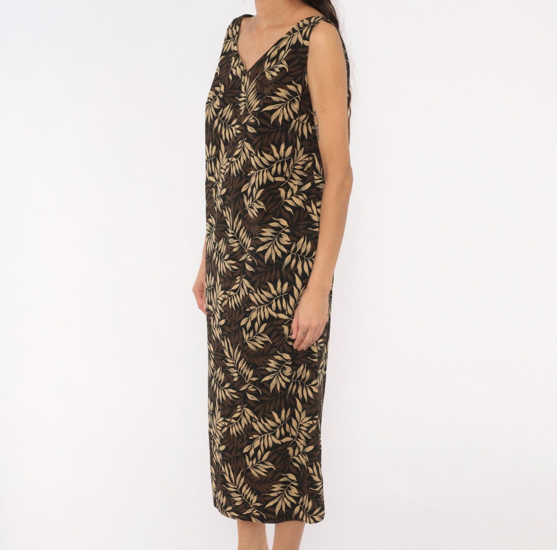 90s Studio I Tropical Leaf Print Midi Dress Sleeveless V-Neck Black Large L