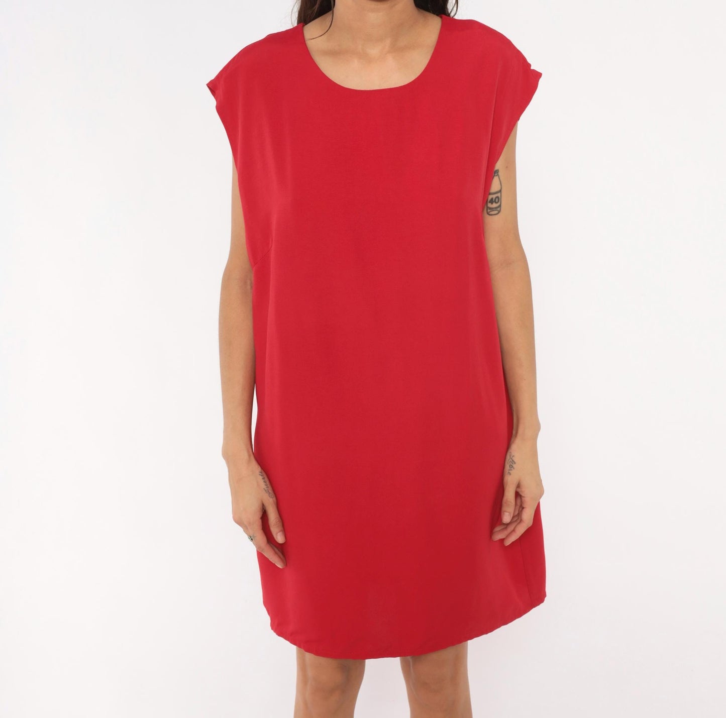 90s Red Shift Dress Cap Sleeve Knee-Length Scoop Neckline Large L