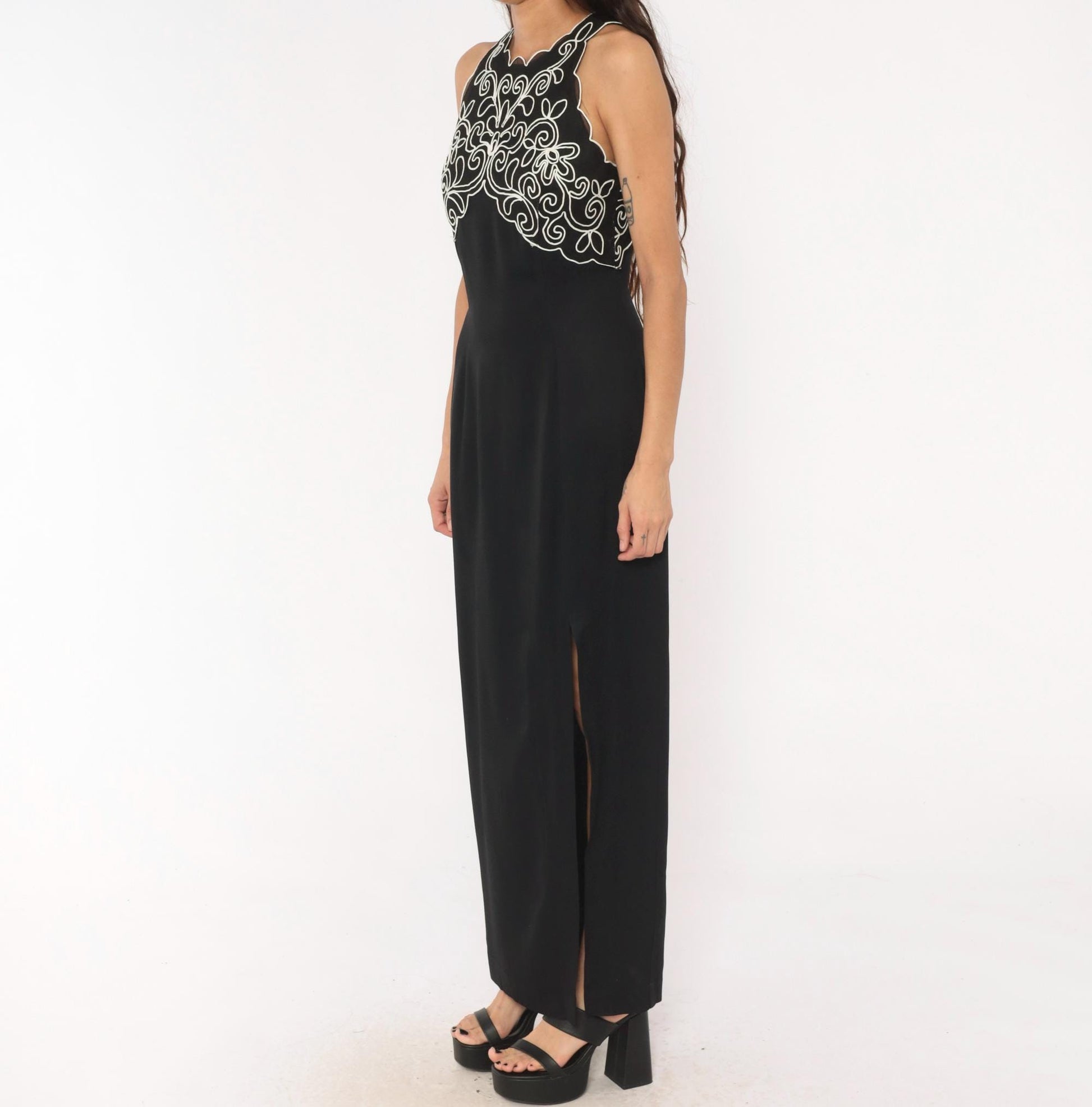 90s Scott Mcclintock Black Maxi Halter Gown White Soutache Embroidery Medium M