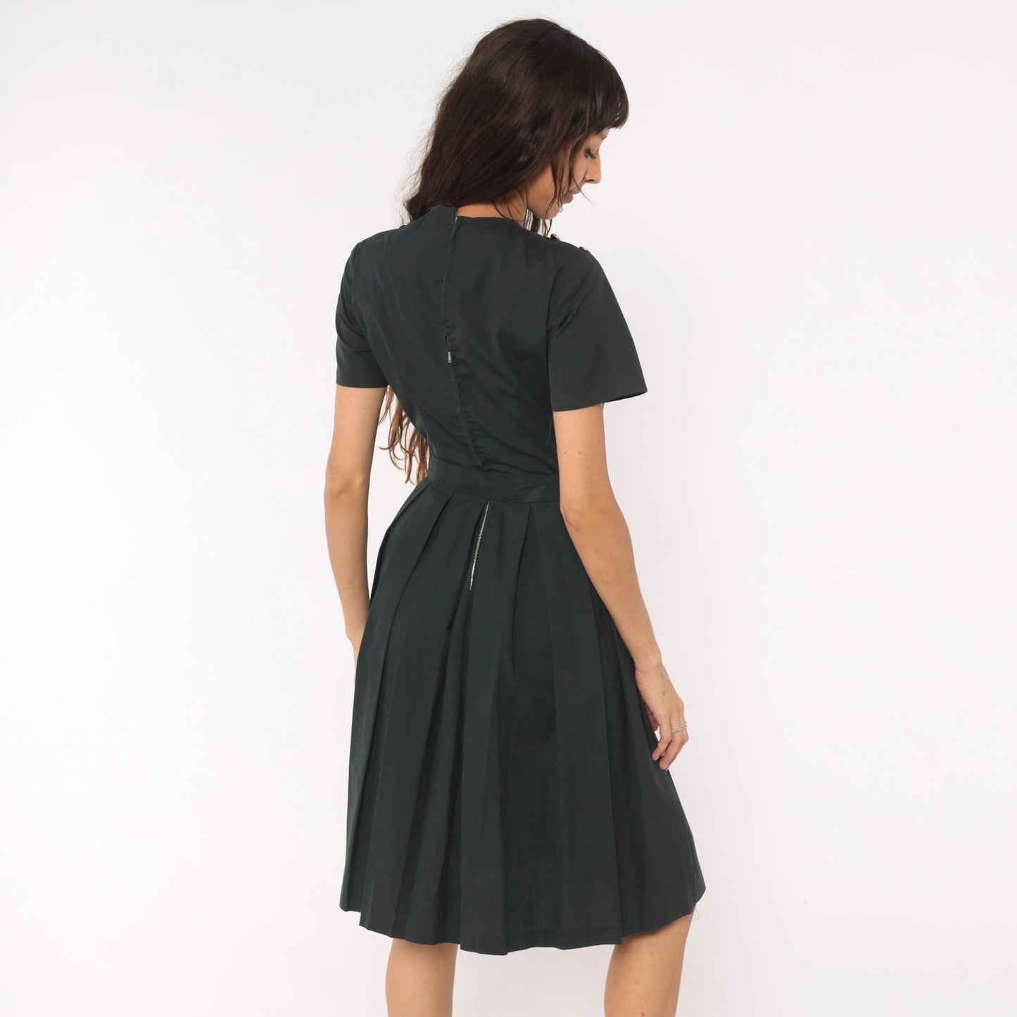 60s Charcoal Pleated A-Line Dress Gold Grommet Detail Cotton Small
